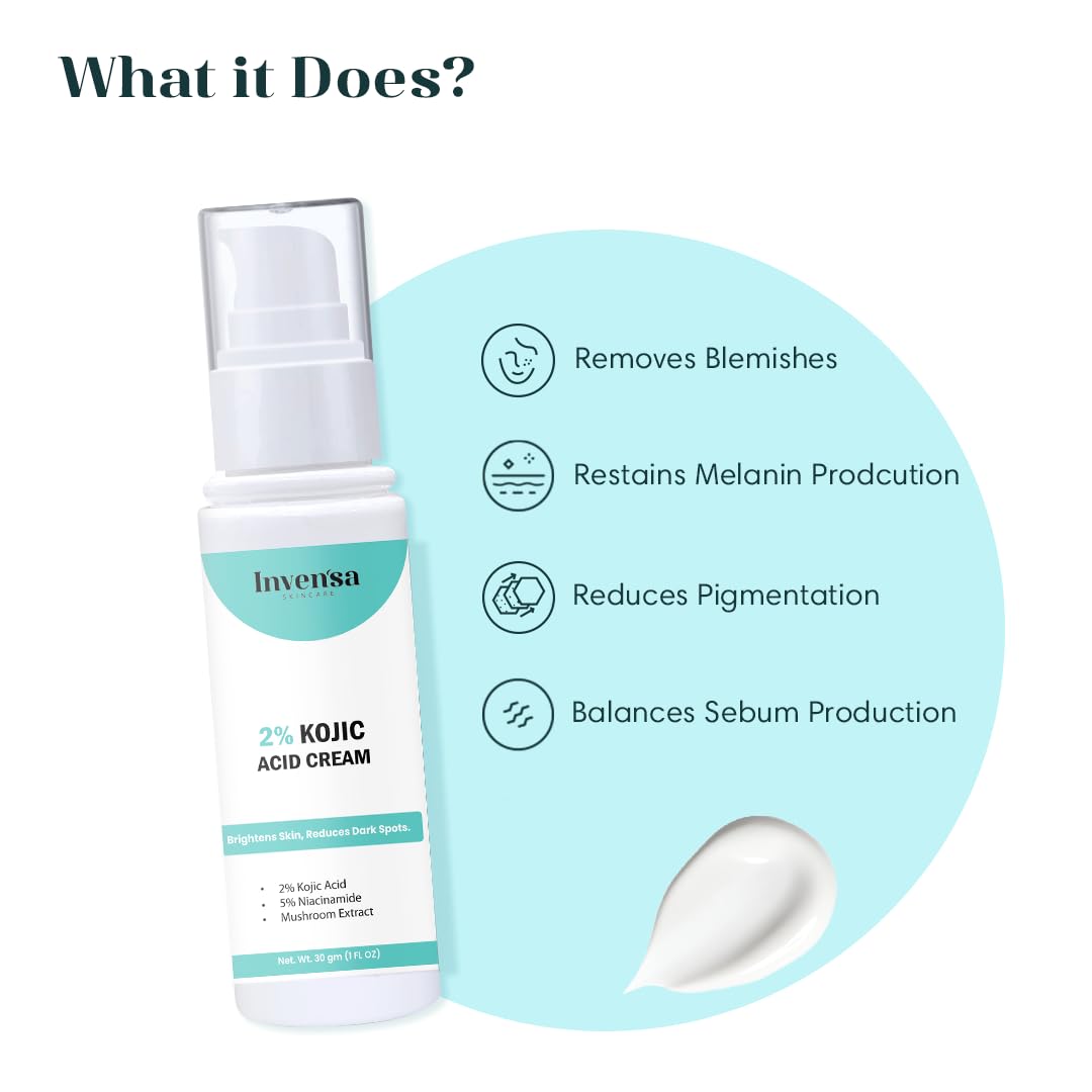 Invensa 2% Kojic Acid Face Cream for Pigmentation & Dark Spots - Brightening, Anti-Aging Treatment for Uneven Skin Tone & Sun Damage - Non-Greasy Formula for Men & Women (30g) - Perfect for Daily Skincare Routine & Nighttime Use