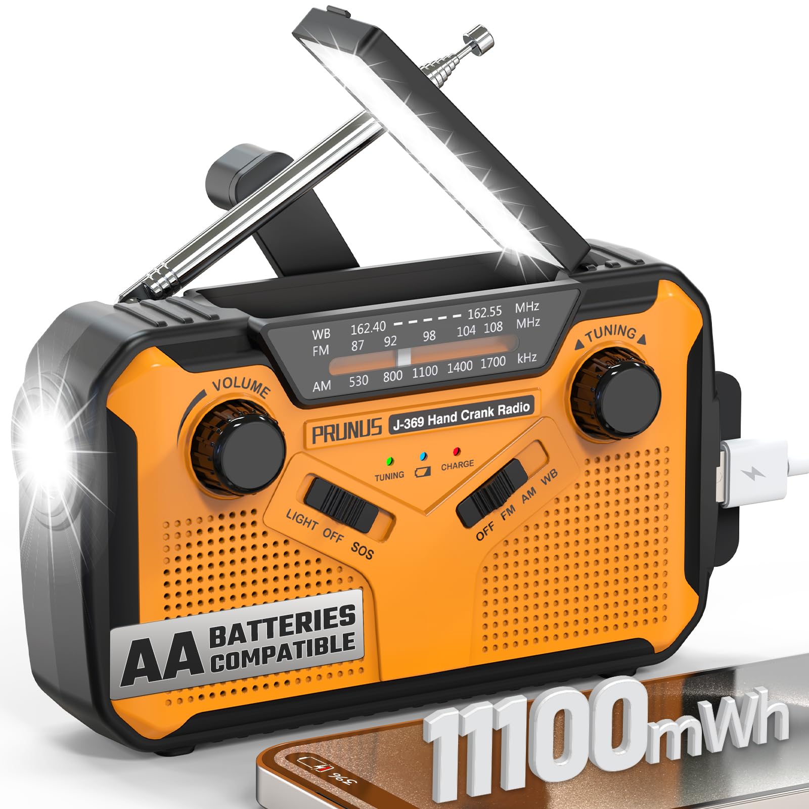 PRUNUS J-369 11100mAh Emergency Weather Radio with Solar/USB/Hand Crank Charging, NOAA AM FM, LED Flashlight & Reading Lamp, SOS Alarm - Perfect for Camping, Hiking, and Power Outages