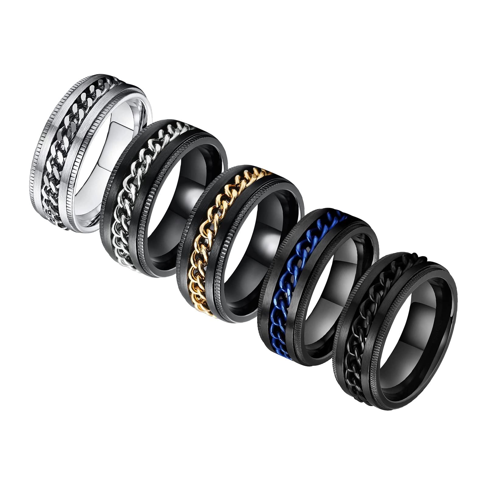 **Anxiety Relief Fidget Rings for Women & Men - 8MM Stainless Steel Intertwined Curb Chain Rings Set (5pcs) - Stress Relief Therapy Jewelry in Silver, Gold, Black, Blue - Sizes 6-13 - Perfect for Office, Travel & Daily Relaxation**