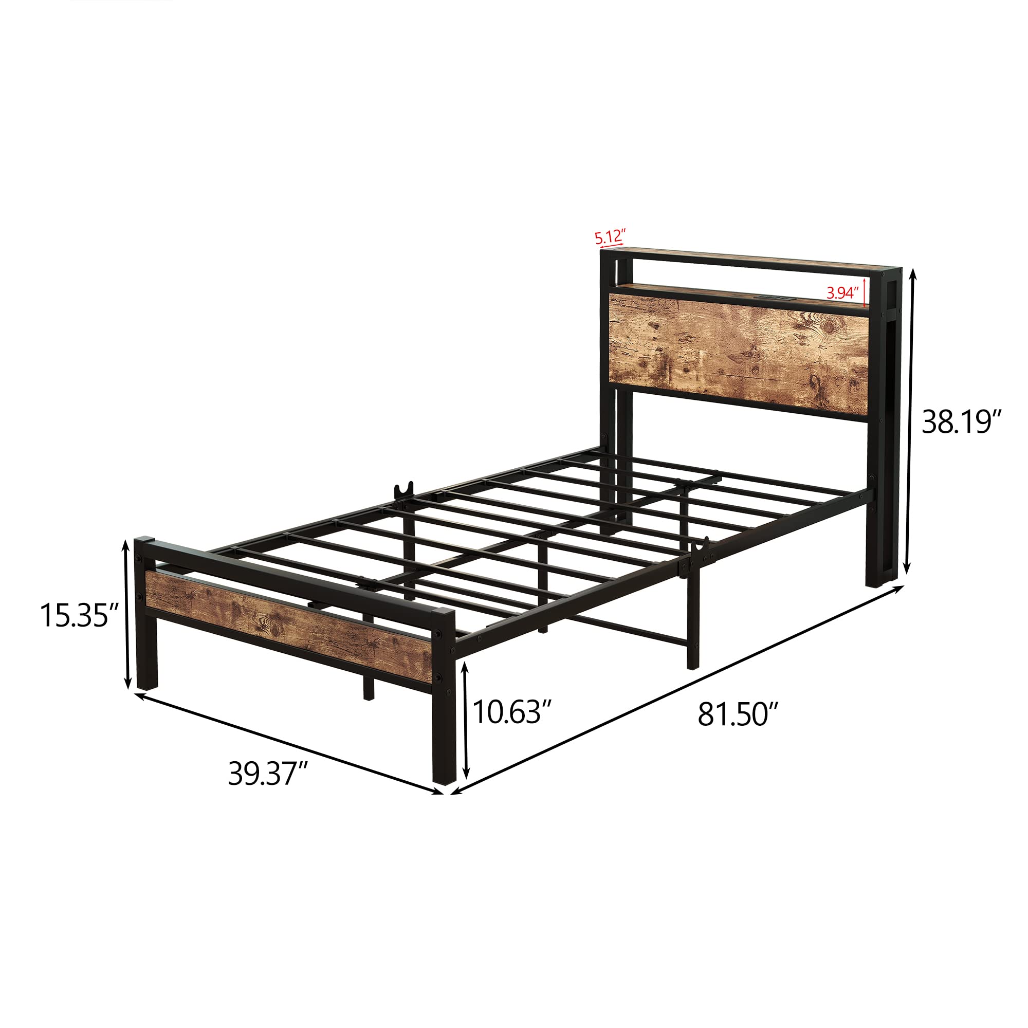 BOFENG Twin Size Metal Bed Frame with Storage Headboard & USB Charging - Heavy Duty Platform Bed with Steel Slats, No Box Spring Needed - Easy Assembly Brown Bed Base for Small Spaces, Dorms & Guest Rooms