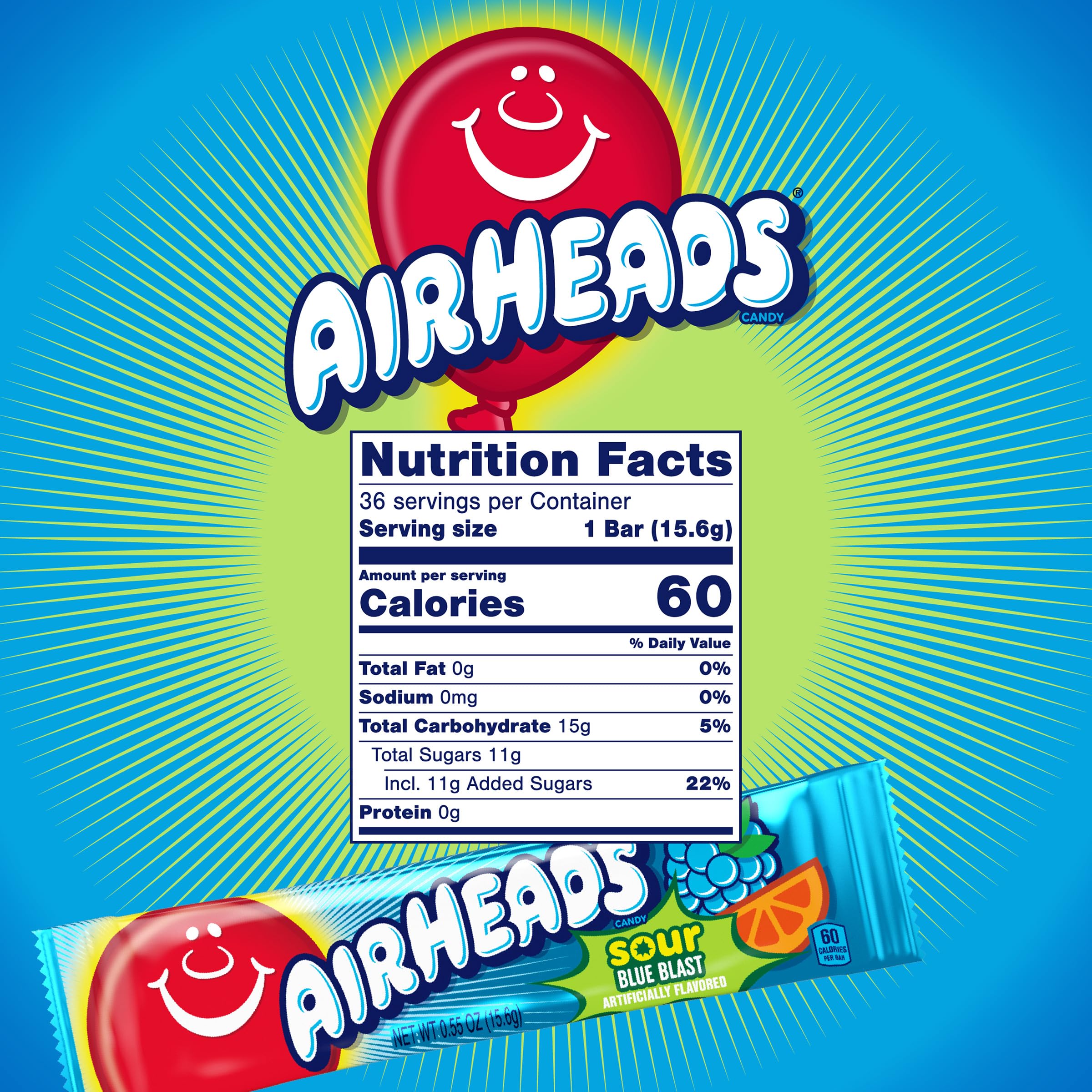 Sour Blue Blast Airheads Full-Size Taffy Candy Bars - 36 Individually Wrapped Pieces | Perfect for Halloween Treats, Party Favors & Office Snacks