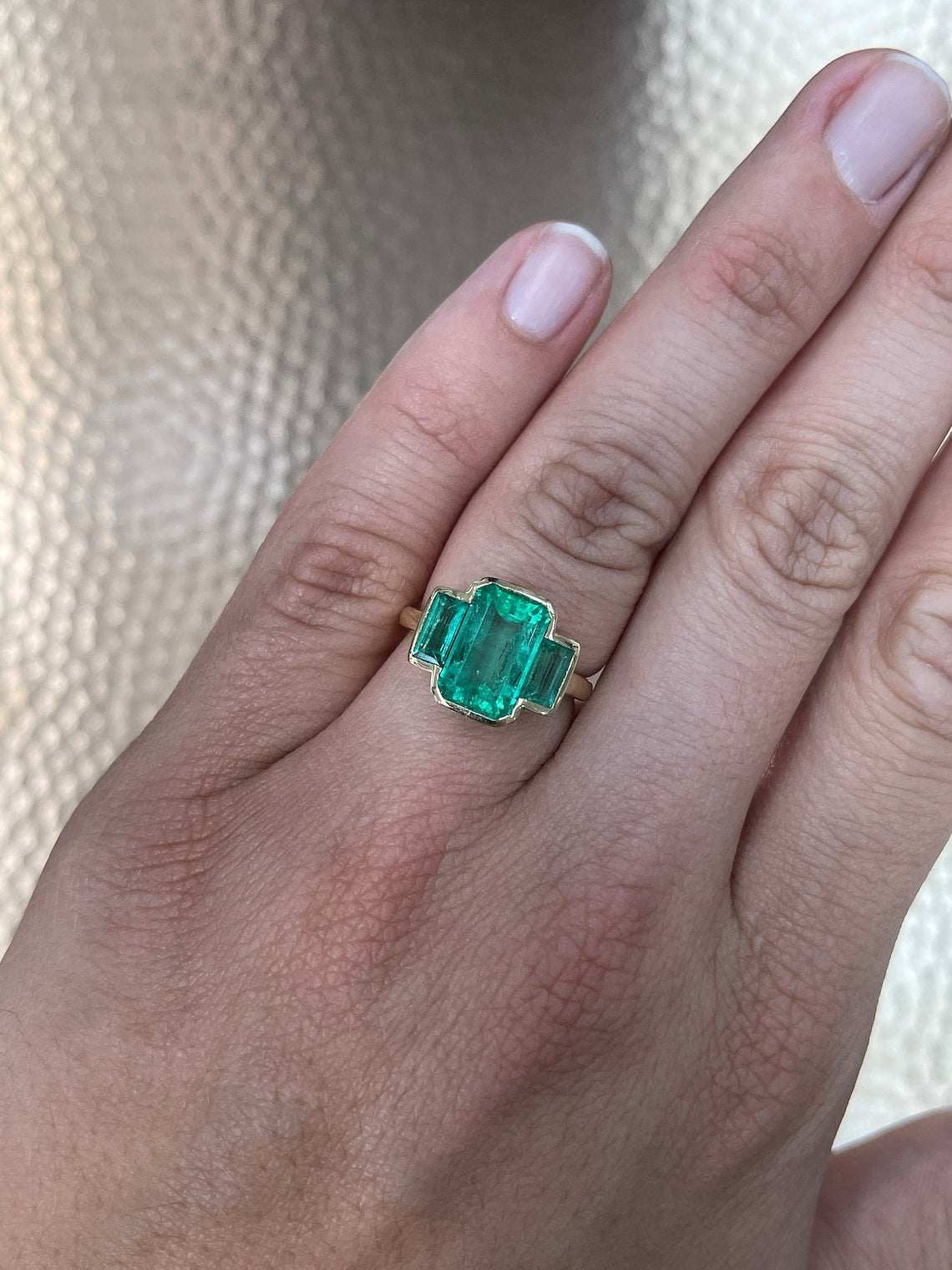 5.13tcw Three Stone Muzo Colombian Emerald 18K Yellow Gold Ring - Elegant Jewelry for Weddings, Anniversaries & Special Occasions