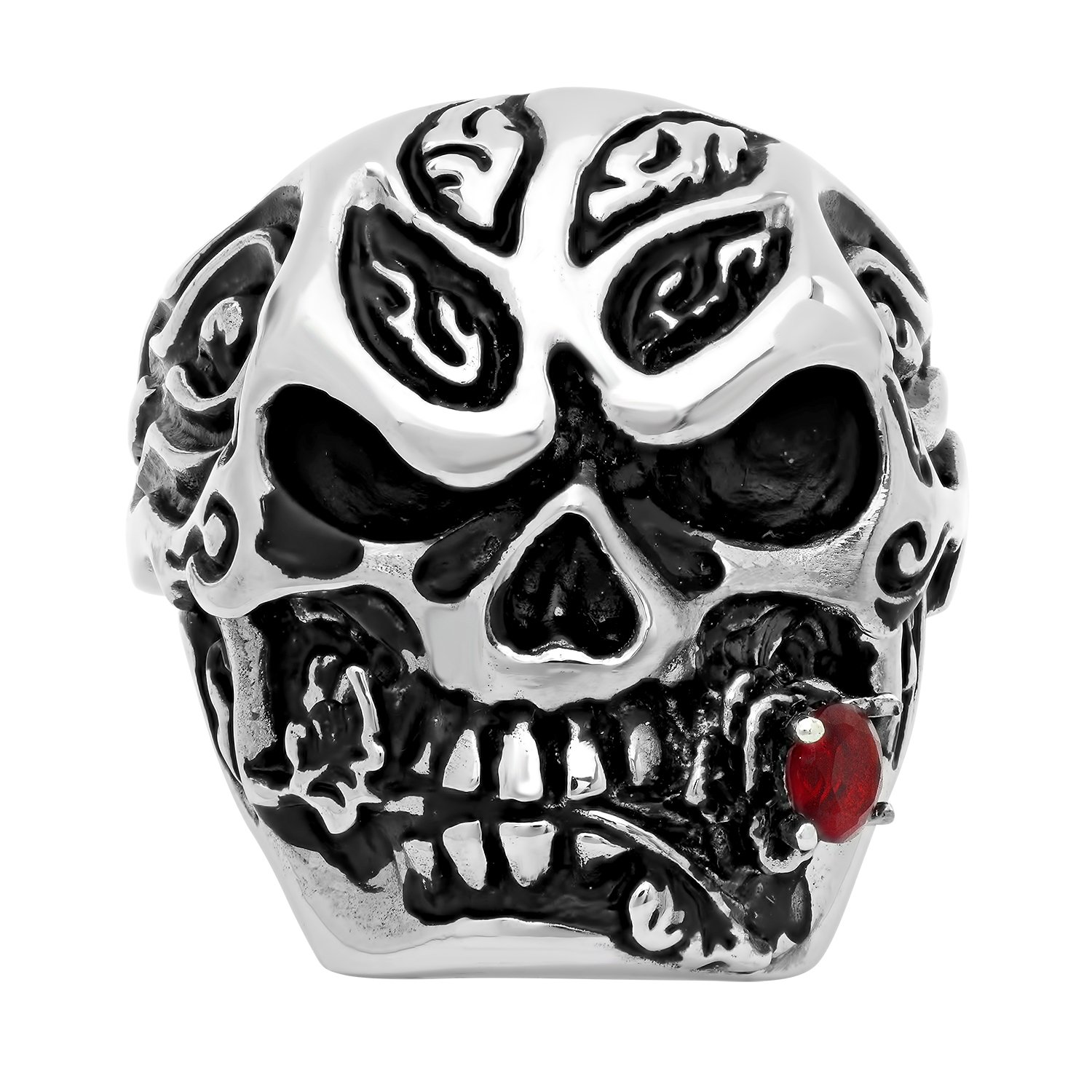 The Bling Factory Menacing Skull Biting Red Rose Ring for Men - Stainless Steel Gothic Jewelry - Perfect for Punk Fashion, Gothic Style & Alternative Outfits