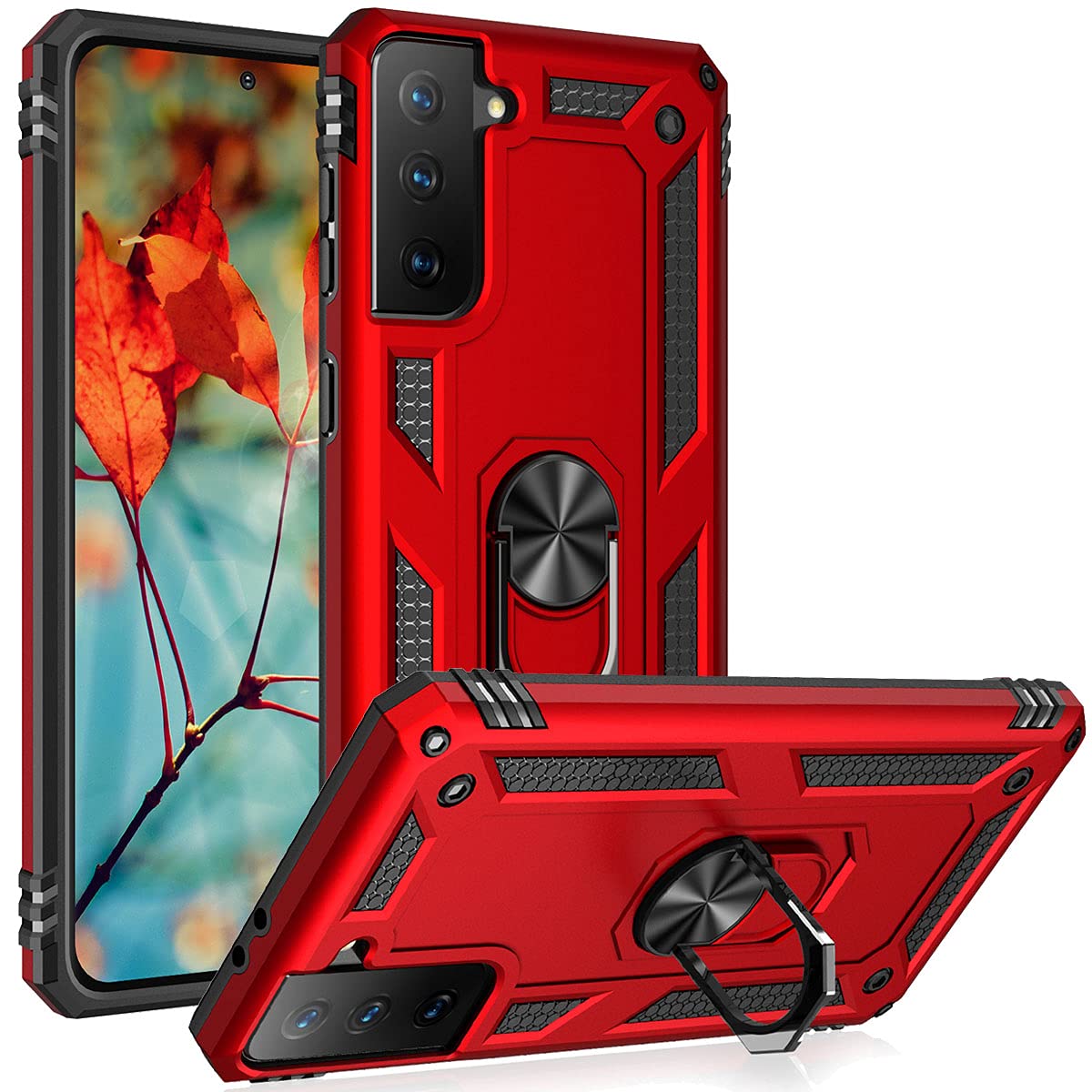 **Military Grade Protective Case for Samsung Galaxy S21 FE with Ring Car Mount & Kickstand - Shockproof Cover for Everyday Use, Travel & Outdoor Activities - Red**