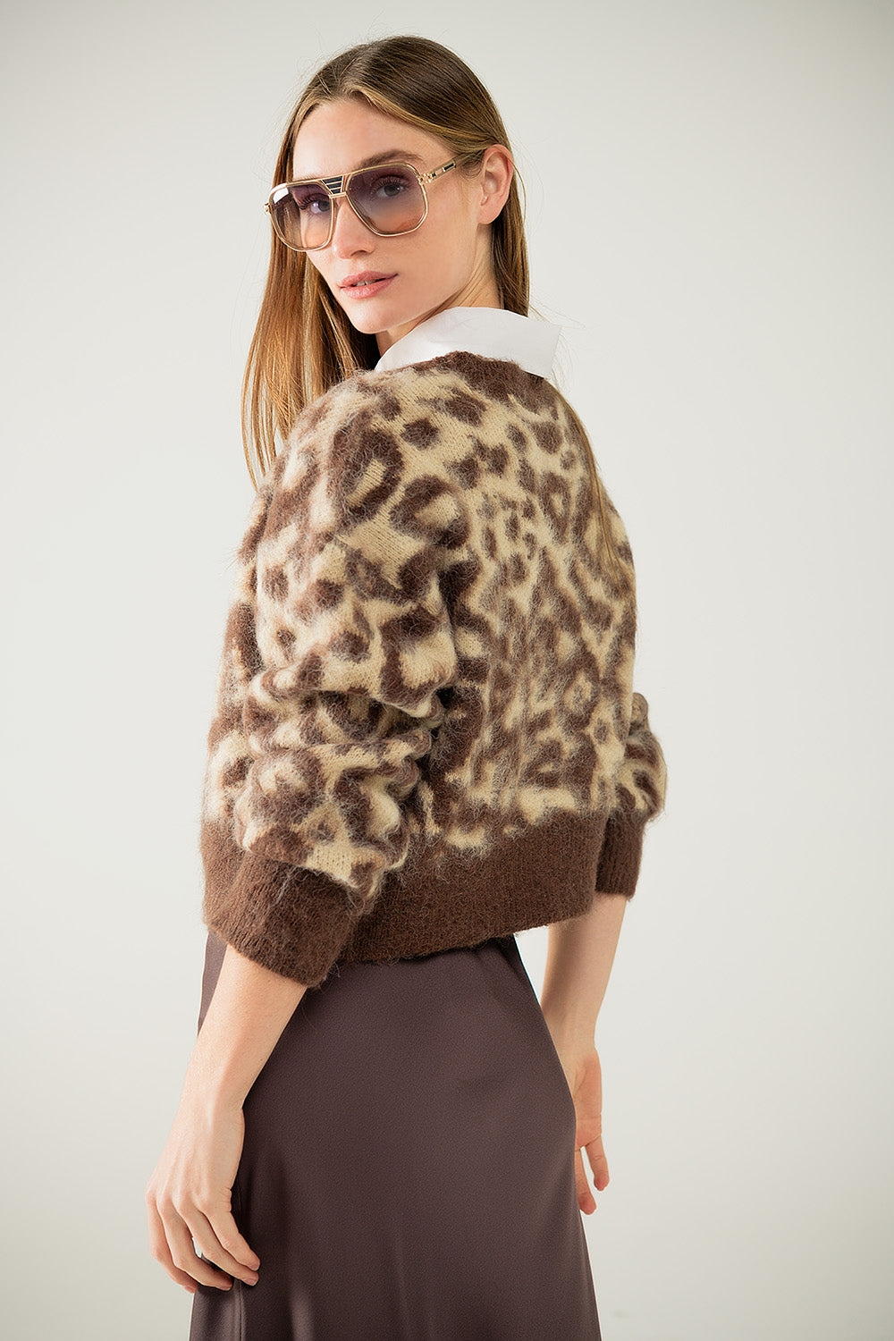 Leopard Print Beige Wool Cardigan for Women - Cozy Winter Sweater for Casual Outfits & Office Wear