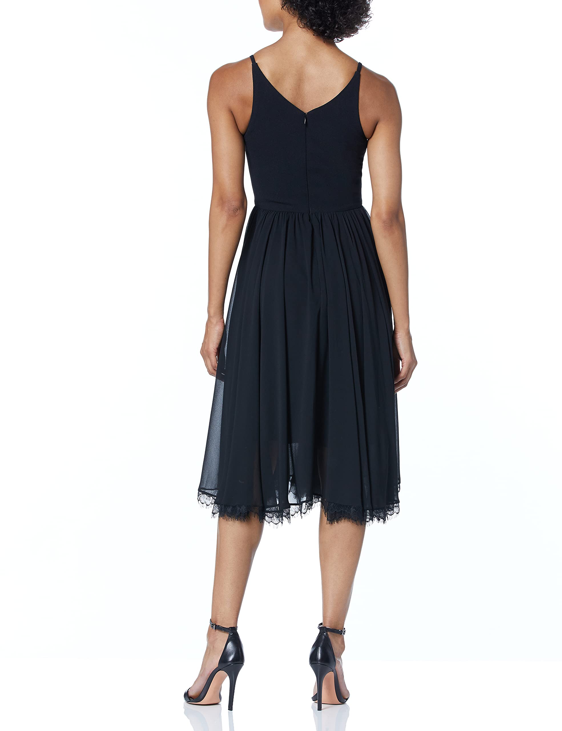 Dress the Population Alicia Plunging Neckline Sleeveless Fit & Flare Midi Dress for Women | Mixed Fabric Cocktail Party & Wedding Guest Dress