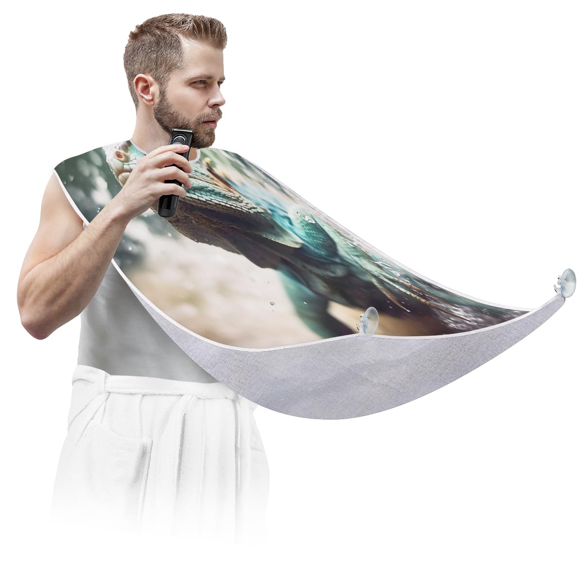 Lizard Print Beard Bib for Men - Waterproof Shaving Apron for Beard Trimming & Hair Dyeing - Artist & Barber Accessories with Sink Catcher - Perfect Gift for Grooming & Makeup Professionals (Great for Home Salon & Barber Shops)