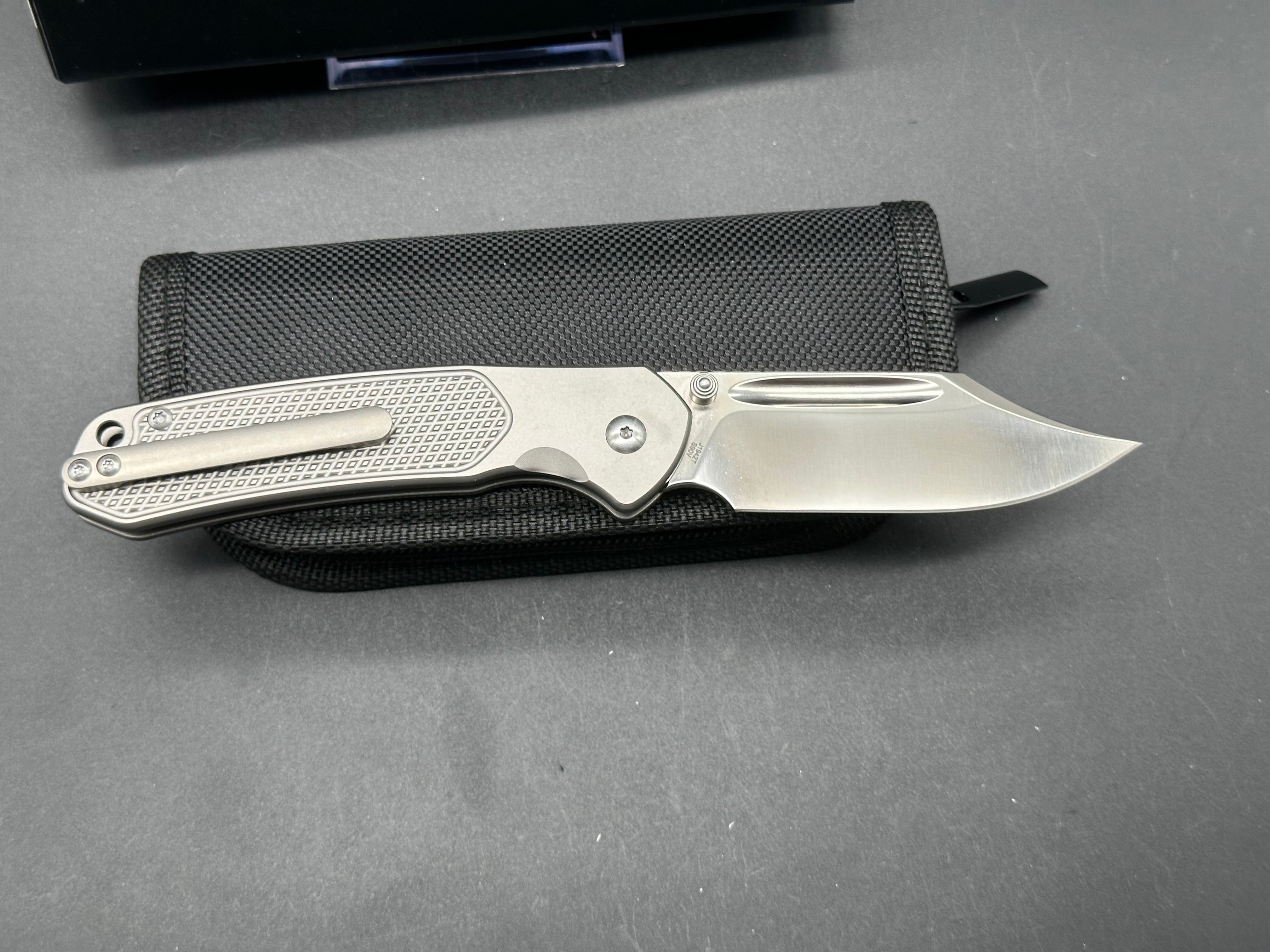 CJRB Bowie Pyrite Button Lock Folding Knife - Textured Gray Titanium Handle, 3.2