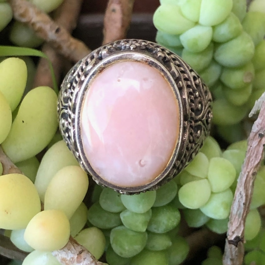 Vintage Lace Cast Signet Ring with Rose Glass - Size 6.5 - Elegant Handmade Jewelry for Women, Perfect for Weddings, Anniversaries & Special Occasions
