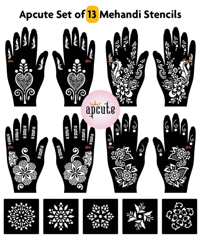 APCUTE 13-Piece Mehndi Stencil Kit | Temporary Henna Tattoo Stencils for Full Hand Designs - Easy 4-Step Application for Women & Girls | Perfect for Weddings, Festivals & Cultural Celebrations