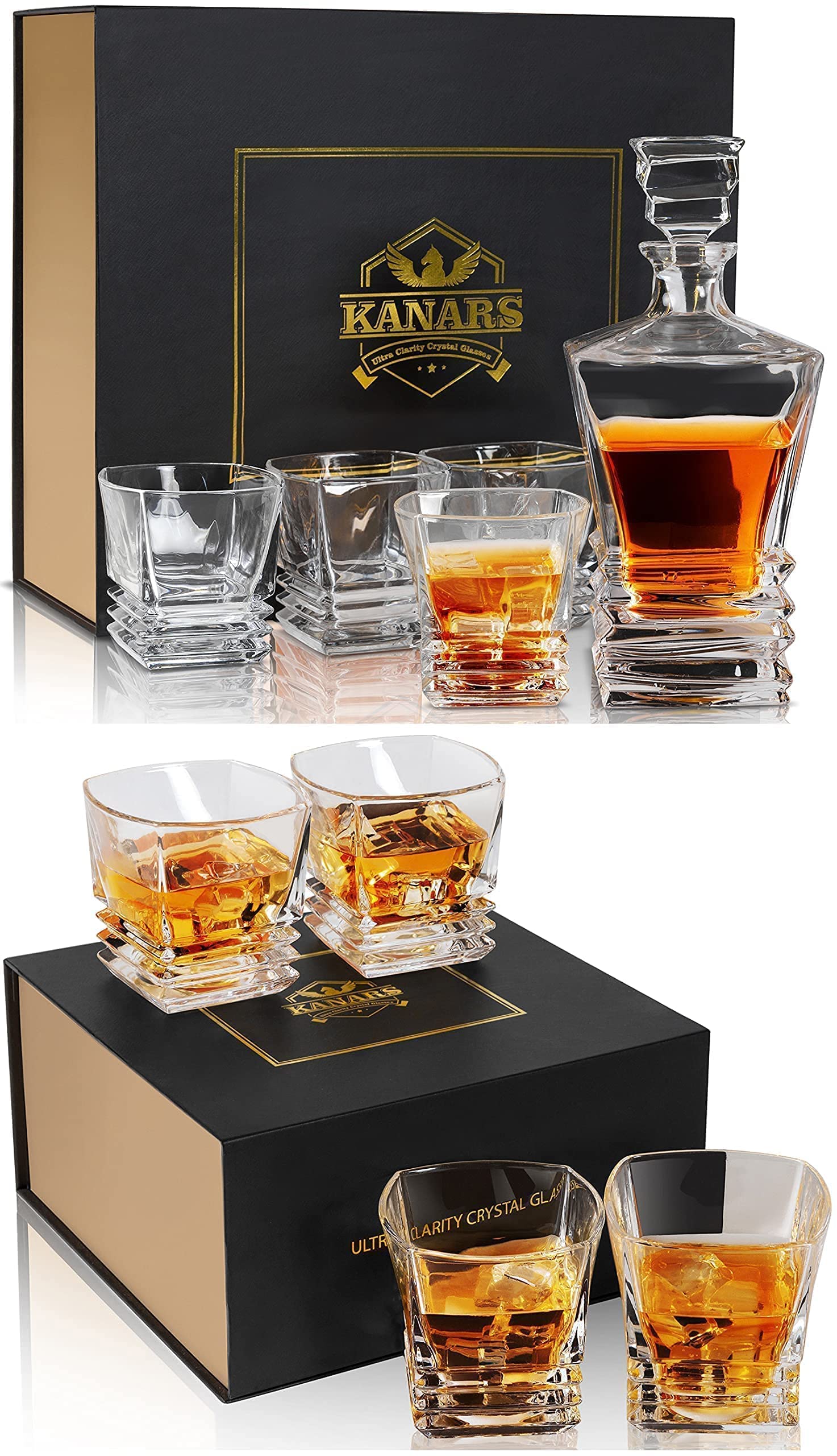 Premium KANARS Whiskey Decanter Set - Handcrafted Crystal Liquor Decanter with 4 Glasses for Scotch, Bourbon, Whiskey & Spirits - Elegant 9-Piece Barware Gift Set for Men - Perfect for Home Bars, Weddings & Special Occasions