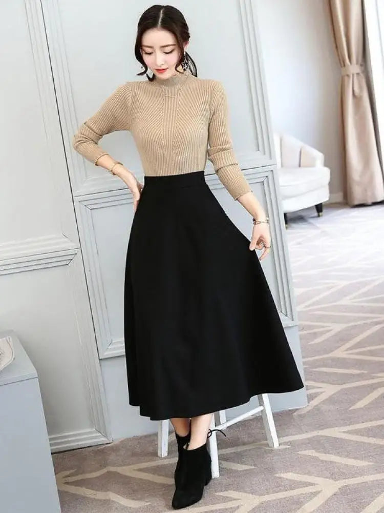 Black Elastic High Waist Pocket Long Skirt for Women - Plus Size Pleated Casual Skirt - Versatile Slimming Midi Skirt for Spring & Fall | Perfect for Office, Dating & Travel