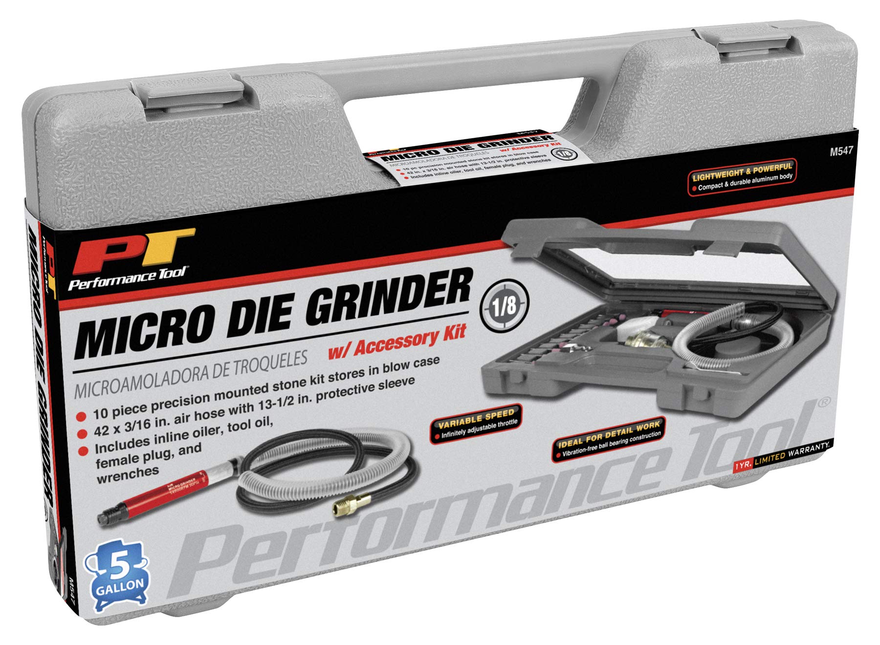 Performance Tool M547 1/8-Inch Micro Die Grinder - Compact & Powerful Pneumatic Tool for Precision Grinding, Polishing & Deburring | Ideal for Metalworking, Wood Carving & DIY Projects