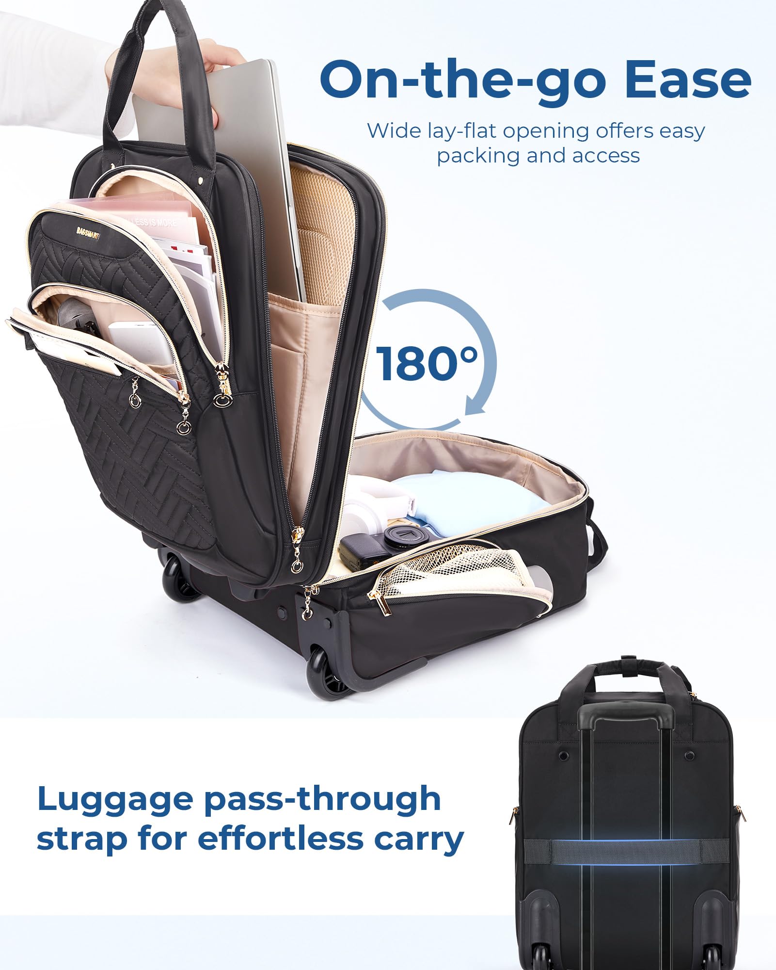 BAGSMART 16-inch Airline Approved Underseat Carry On Luggage - Lightweight Rolling Travel Suitcase with Wheels for Women & Men - Perfect for Business Trips, Weekend Getaways & Air Travel (Black)