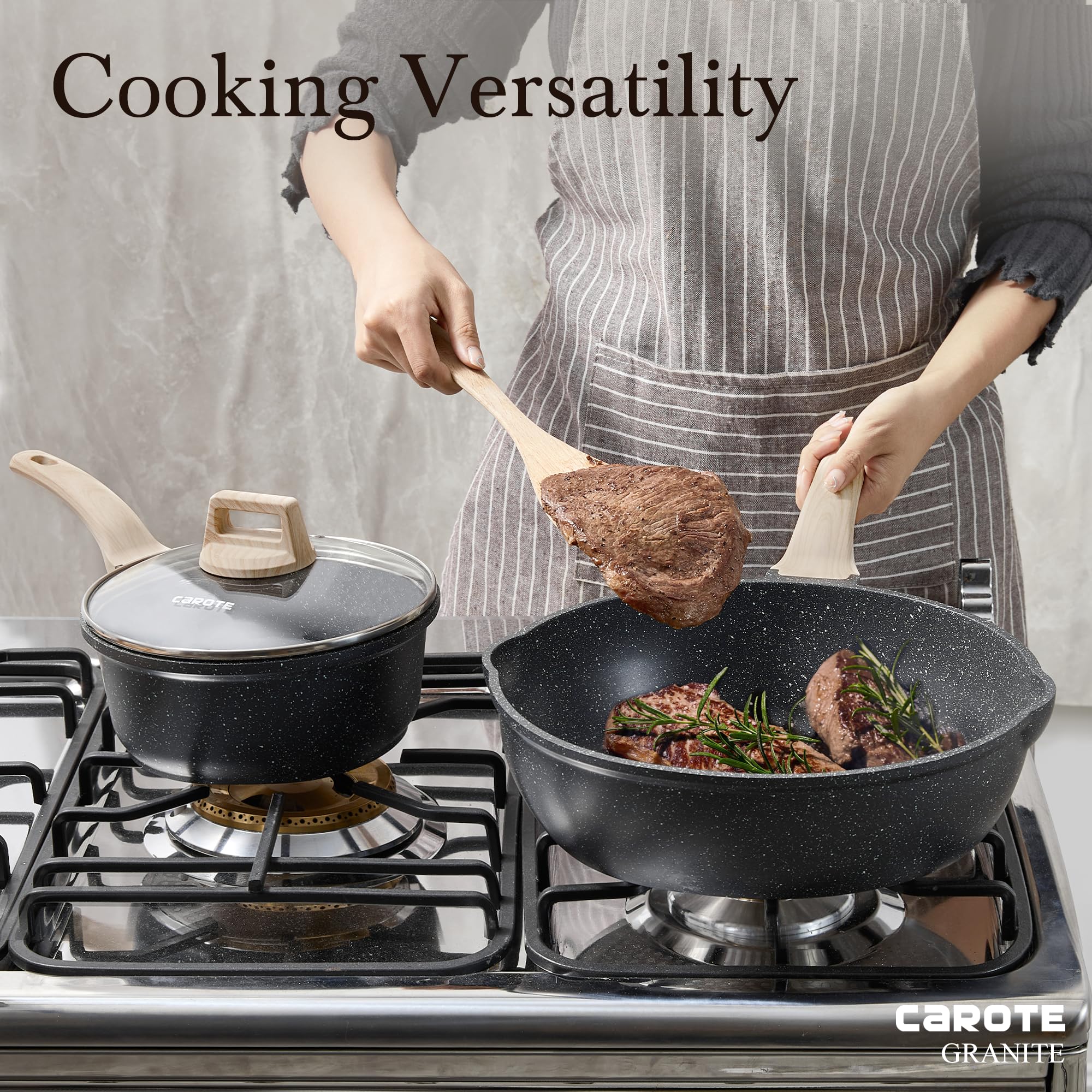 CAROTE 12-Inch Nonstick Deep Frying Pan with Lid - 5.5 Qt Jumbo Cooker Saute Pan, Induction Compatible Skillet with Pour Spout - PFOA-Free Granite Coating - Perfect for Frying, Searing & Sauteing - Ideal for Home Cooking & Professional Kitchens