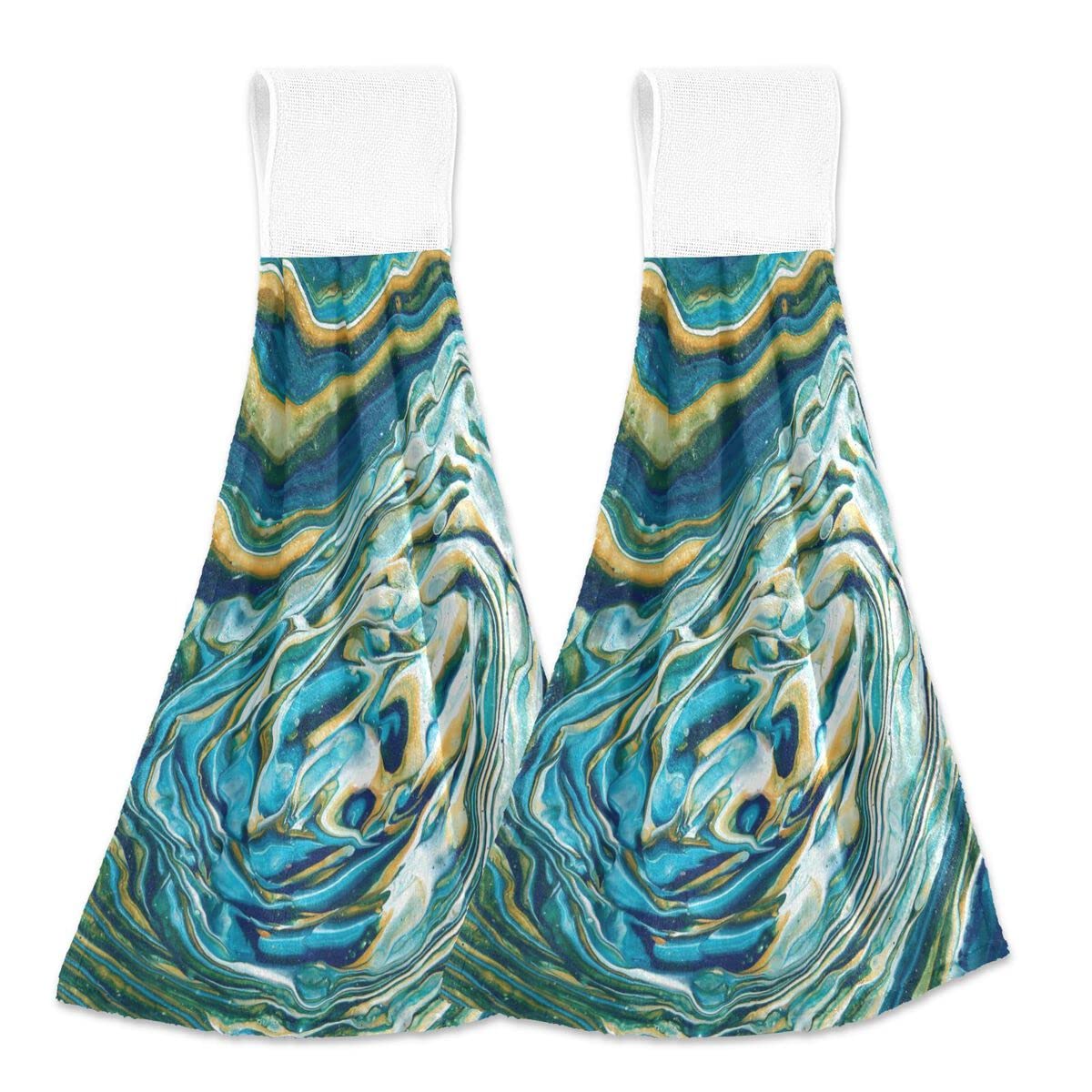 Premium Navy Blue Marble with Golden Veins Hand Towels - Set of 2 Decorative Bathroom Towels with Hook & Loop for Kitchen, Guest Bath or Spa Decor - Stone Print Luxury Towels for Modern Home