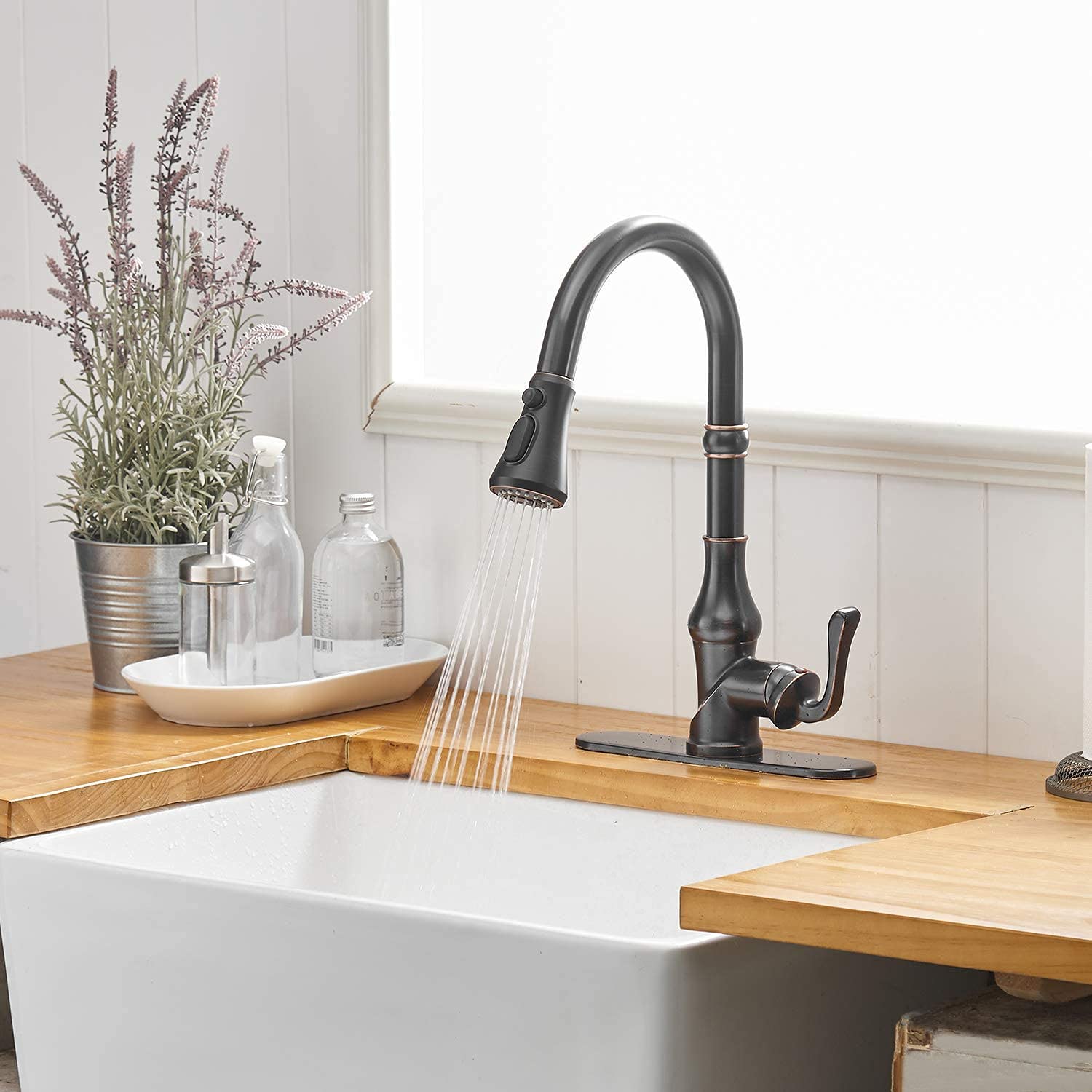 Oil Rubbed Bronze Pull Down Kitchen Faucet with Sprayer - High Arc Single Handle Commercial Grade Faucet with Deck Plate - Perfect for Farmhouse, RV & Bar Sinks (3 Spray Functions)