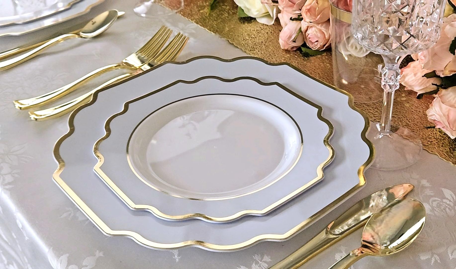 960-Piece Heavyweight Disposable Plastic Plate Set for Weddings & Parties - 120 x 10.5'' Dinner Plates + 120 x 8'' Dessert Plates + Silverware + Cups + Napkins (White, Blue & Gold) - Perfect for Large Gatherings, Catering Events & Special Occasions