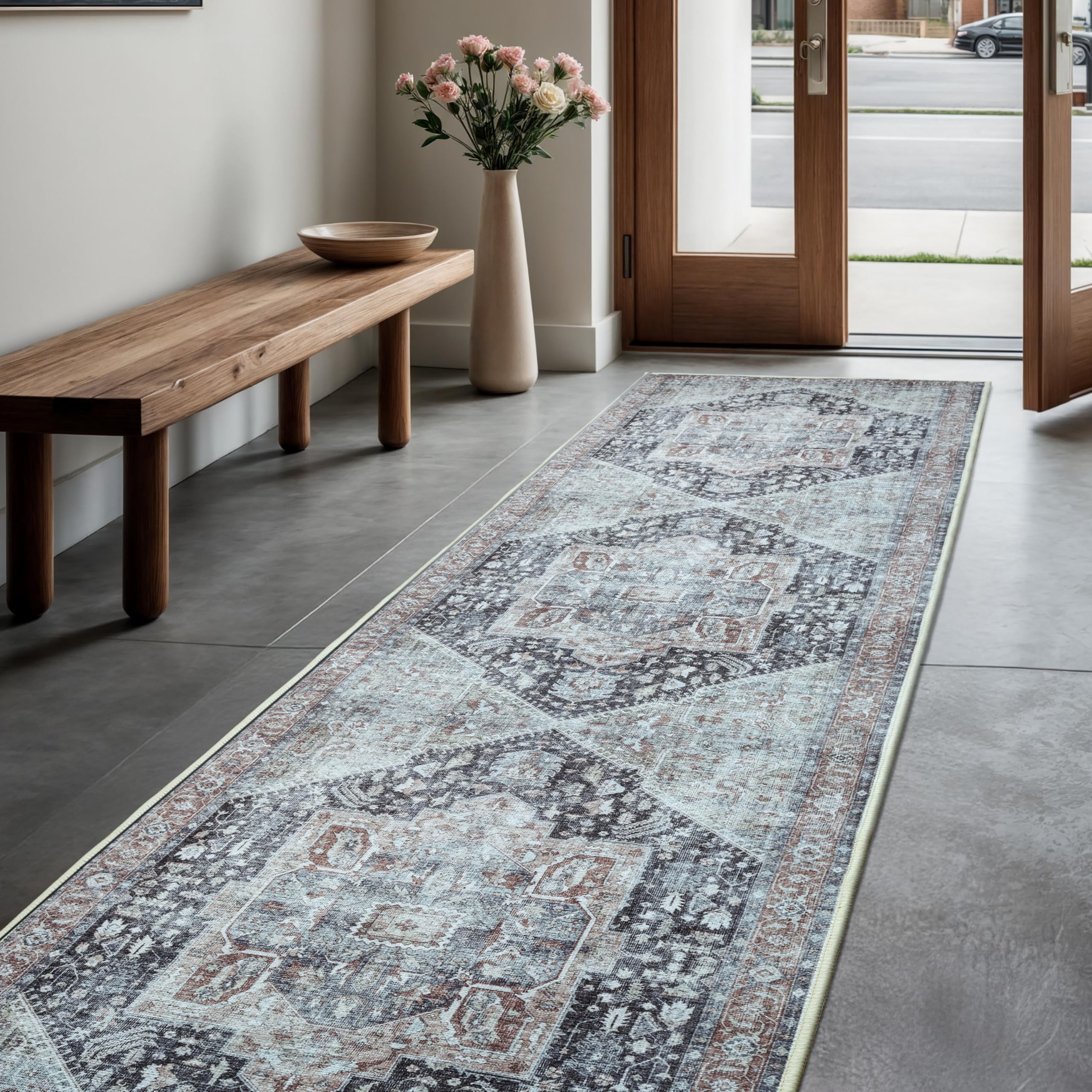 GLN Rugs Vintage Collection - Machine Washable Non-Slip Low Pile Area Rug 2'6