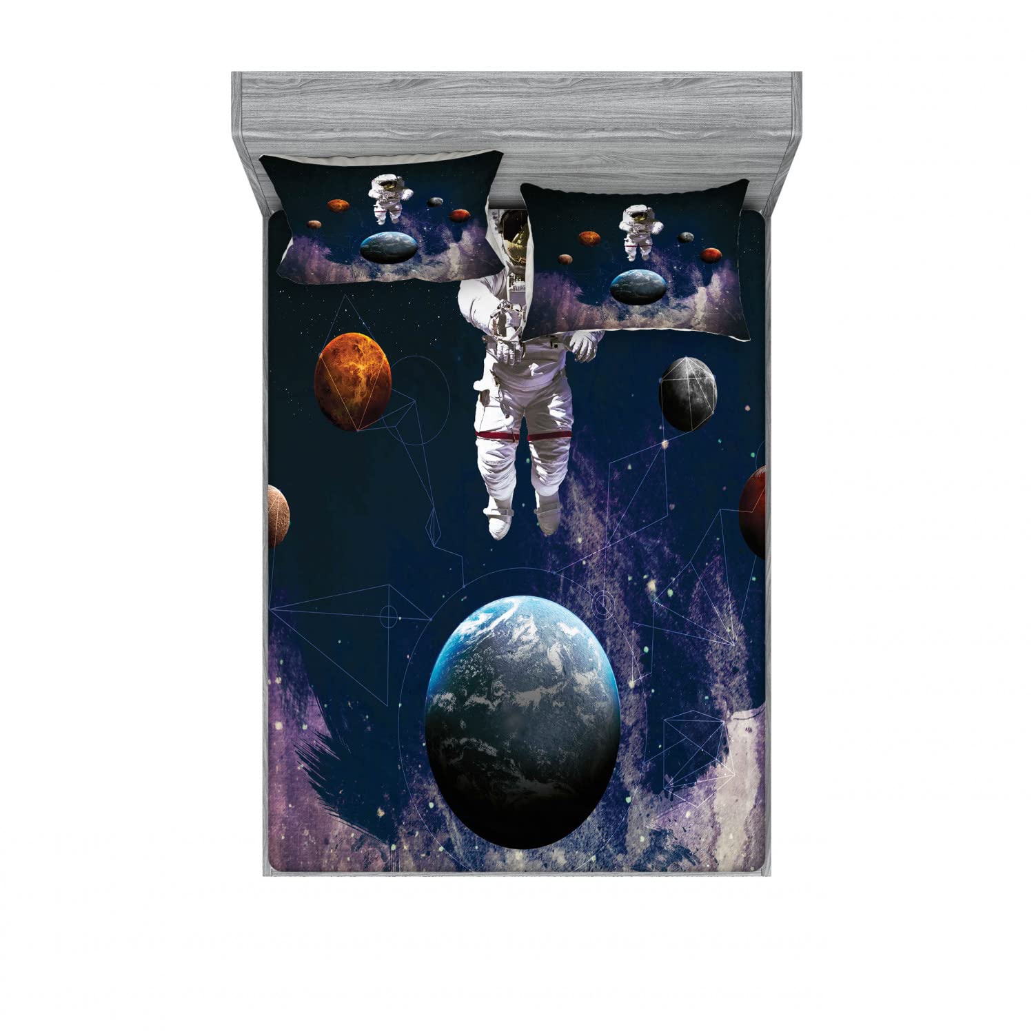 Ambesonne Space Themed 2-Pack Queen Size Fitted Sheet Set with 4 Pillow Shams - Astronaut & Nebula Galaxy Print Bedding Collection for Kids & Adults - Perfect for Space Enthusiast Bedrooms, Dorm Rooms & Themed Decor