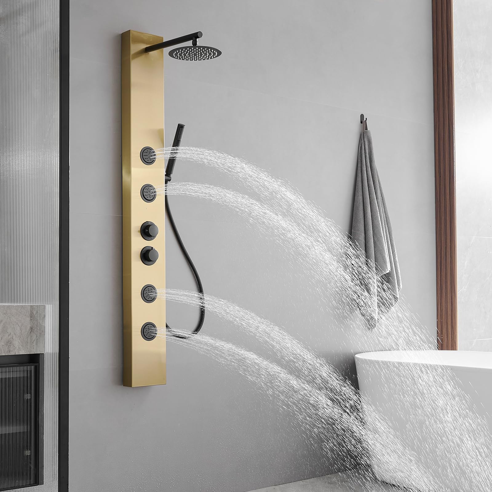 3 in 1 Stainless Steel Shower Panel Tower System - Adjustable Body Jets, Rainfall Shower Head & Handheld Shower - Brushed Gold Finish for Luxurious Bathroom Upgrade | Perfect for Master Bath, Spa-Like Experience & Modern Home Renovation