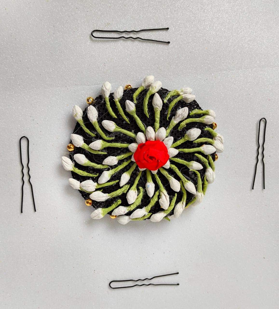 Artificial Hair Flower Jali Juda with 4 U Pins - Traditional Indian Bridal Accessory for Women - Powder Coated Paper Flowers for Weddings, Parties & Special Occasions - Perfect for Brides, Dancers & Festival Celebrations
