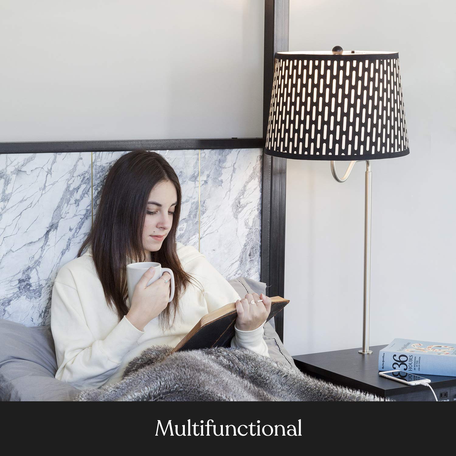 Brightech Madison LED Side Table Lamp with USB Port - Modern Bedside Reading & Desk Lamp, End Table with Floor Light for Bedroom, Living Room, Office - Black | Perfect for Night Reading, Home Office Work & Living Room Decor