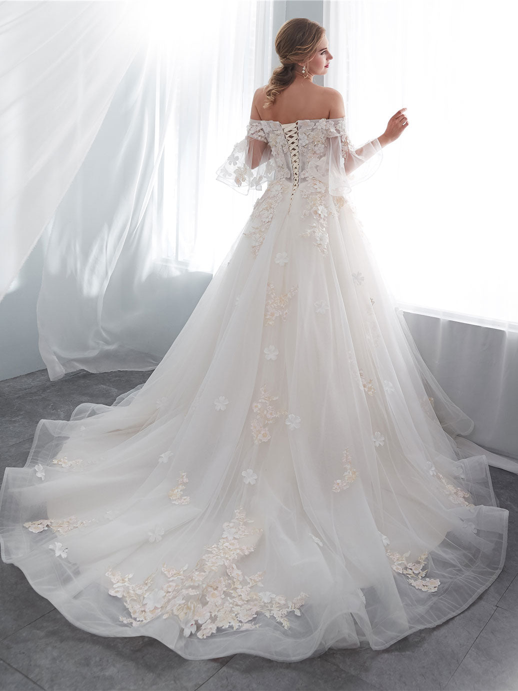 Ivory Long Lace Wedding Dress with Tulle Skirt - Elegant A-Line Bridal Gown for Church, Beach, and Outdoor Ceremonies
