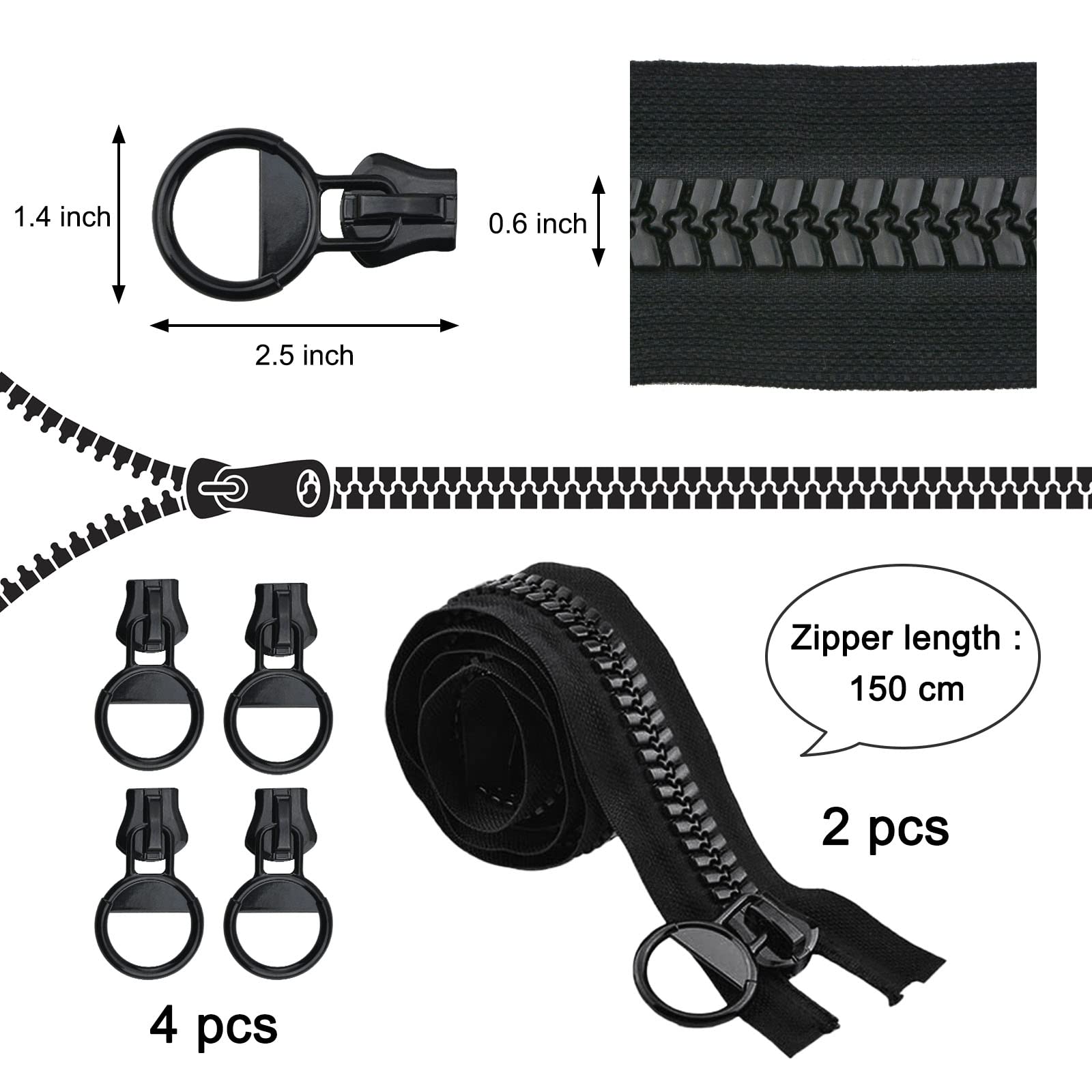 WANDIC 2-Pack Heavy Duty Plastic Zipper - 59 Inch Extra Large Black Zippers for DIY Sewing, Tailoring, Crafts, Bags, Tents & Boat Covers | Durable Canvas Repair & Outdoor Gear Zipper Replacement