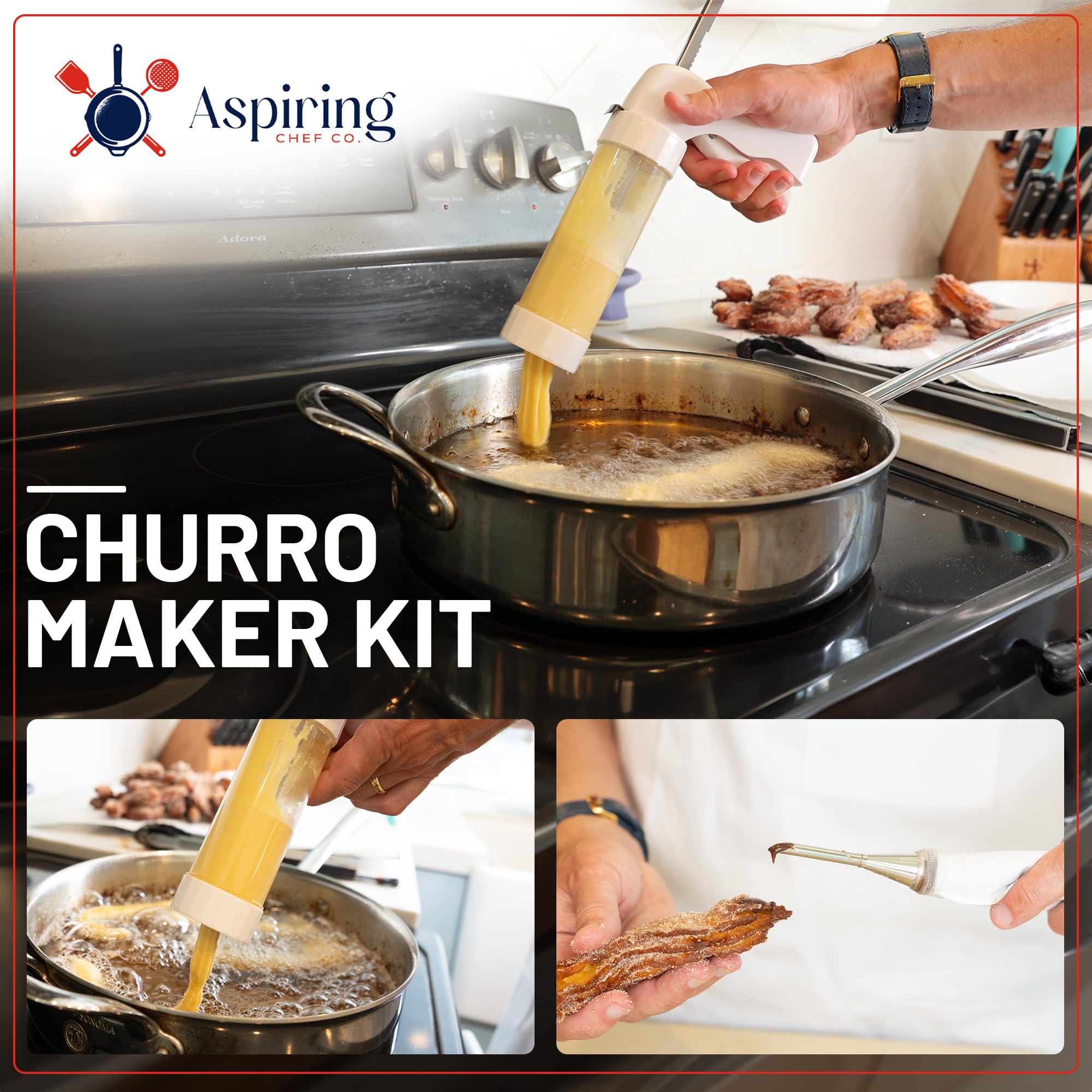 Churro Maker Machine Kit with Gun Handle, Stainless Steel Nozzles, Piping Bag & Recipe E-Book - Easy to Clean Churros Making Set for Home Baking, Party Snacks & Spanish Dessert Preparation