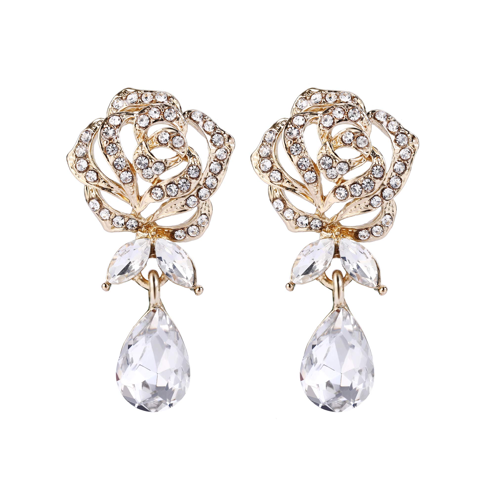 EVER FAITH Bridal Wedding Earrings for Women - Austrian Crystal Rose Flower Dangle Earrings, Romantic Pierced Jewelry for Bride - Perfect for Weddings, Prom, Anniversaries & Special Occasions
