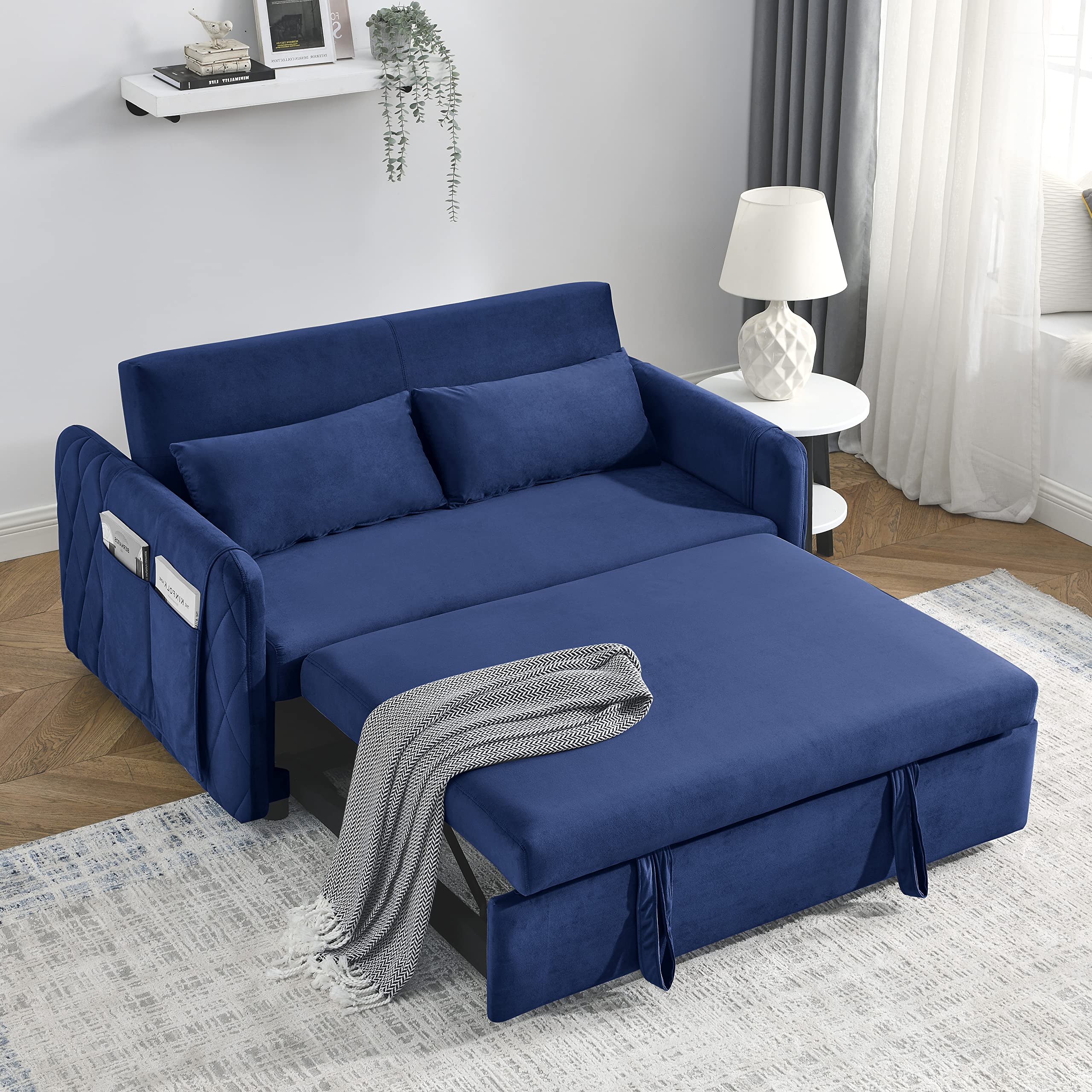 Velvet Loveseat Sleeper Sofa with Pull-Out Bed, Detachable Storage Pockets & Adjustable Backrest - Convertible Small Sectional Couch for Apartments & Living Rooms | Perfect for Studio Spaces, Guest Rooms & Cozy Lounging (Blue)