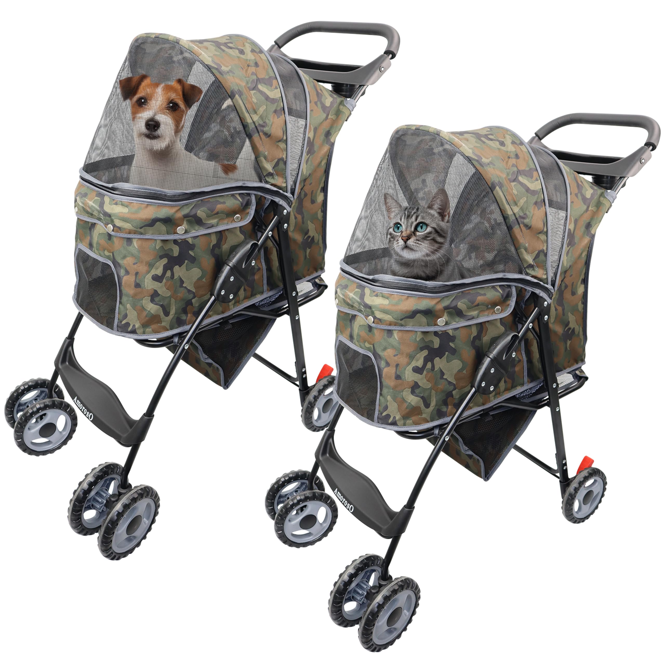 AmorosO 4 Wheel Pet Stroller for Small & Medium Dogs & Cats - Lightweight Foldable Travel Carrier with Waterproof Cover & Storage Basket - Perfect for Jogging, Shopping & Outdoor Adventures