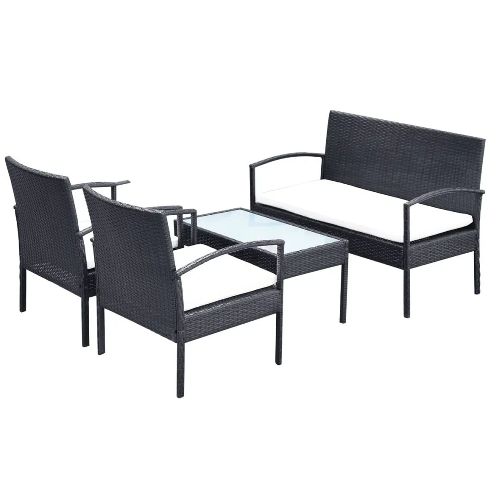 Premium 4-Piece Patio Lounge Set - Cream White Cushioned 2-Seater Sofa with 2 Armchairs & Coffee Table - Black Poly Rattan Outdoor Furniture for Backyard, Garden, Poolside Relaxation & Entertaining