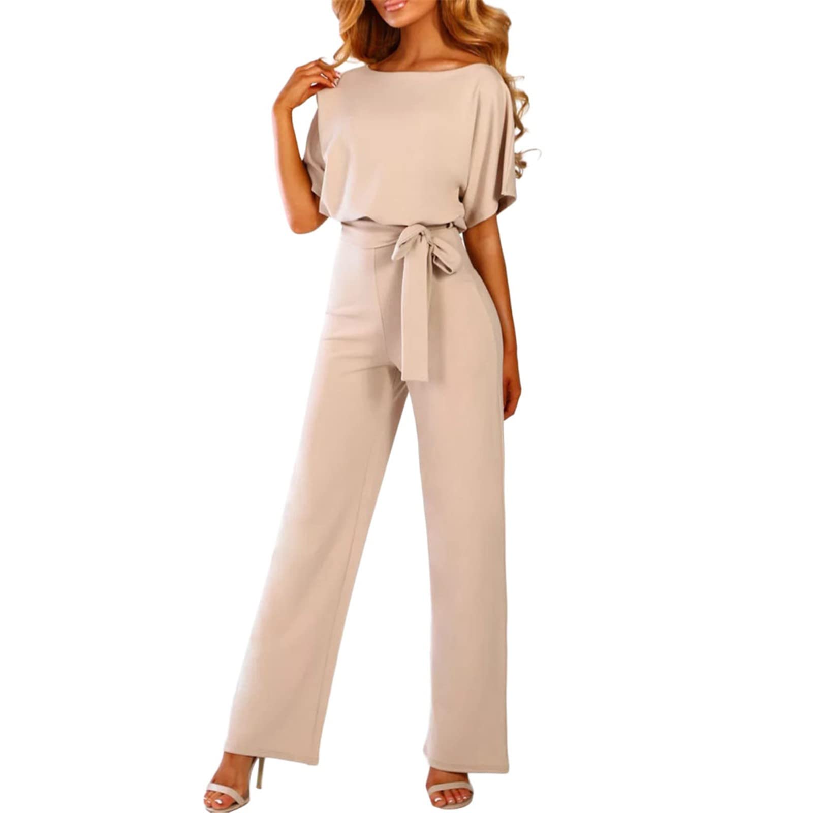 RIJJTRP Women's Summer Jumpsuit - Loose Fit Casual Romper with Tie Detail & Round Neck, Short Sleeve Solid Color Outfit for Beach, Vacation or Everyday Wear