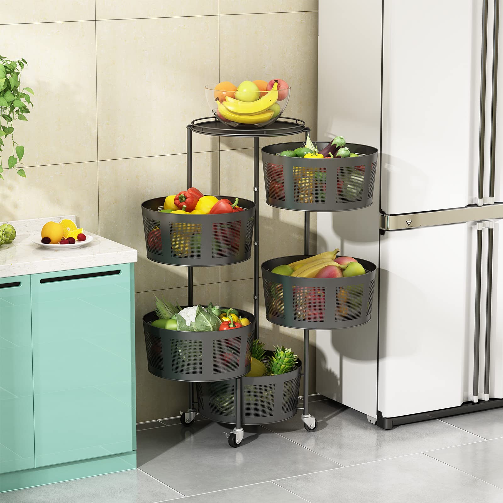 5-Tier Rotating Storage Rack with Wheels - Metal Wire Basket Organizer Cart for Kitchen, Bathroom & Living Room - Perfect for Fruits, Vegetables, Toys & Home Organization (Black)
