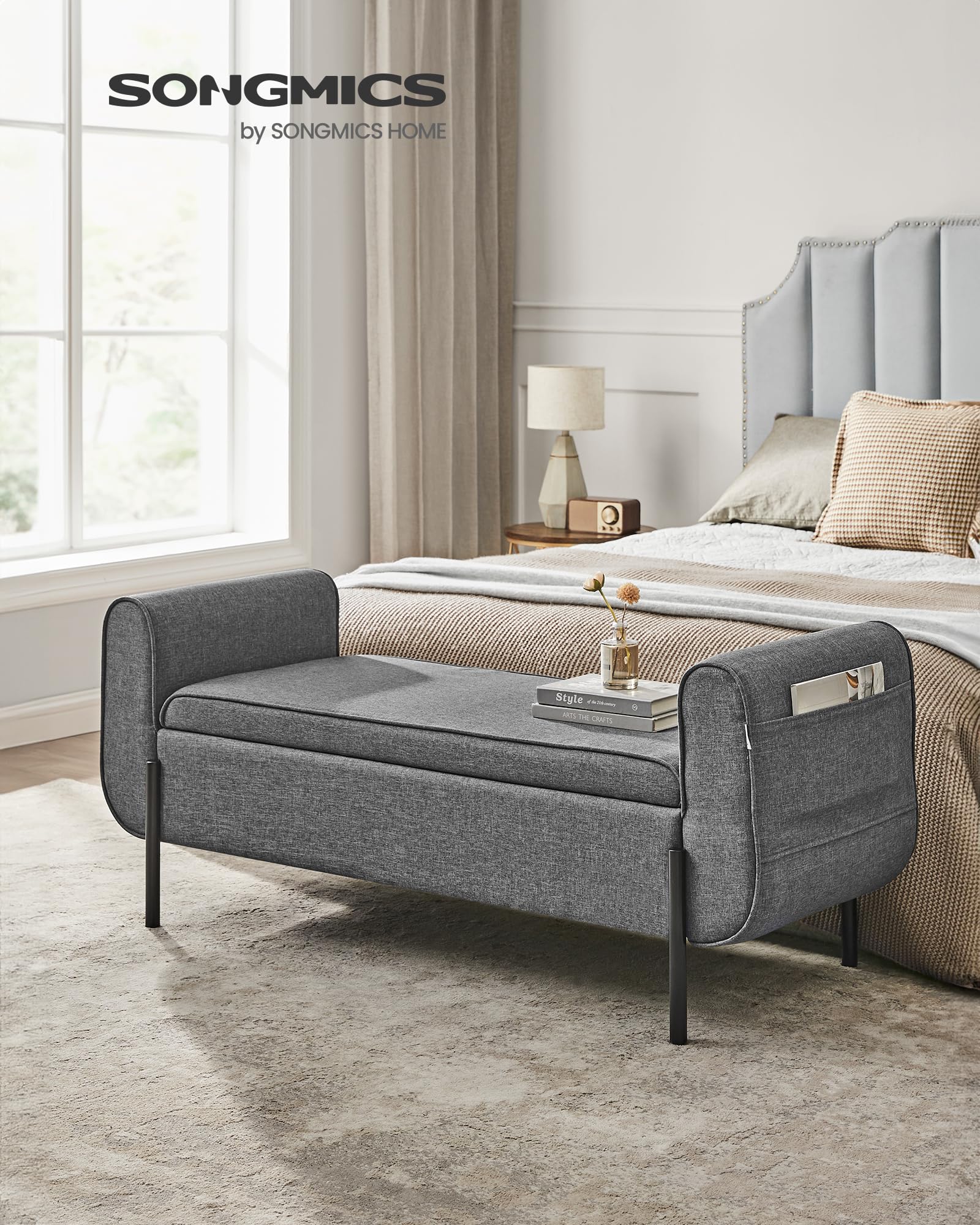 SONGMICS Storage Bench with Armrests, Dark Gray Ottoman with Hidden Storage Compartment, Sturdy Steel Legs - Perfect for Living Room, Bedroom, Entryway & Hallway Organization | Multi-Functional Seat & Storage Solution for Small Spaces
