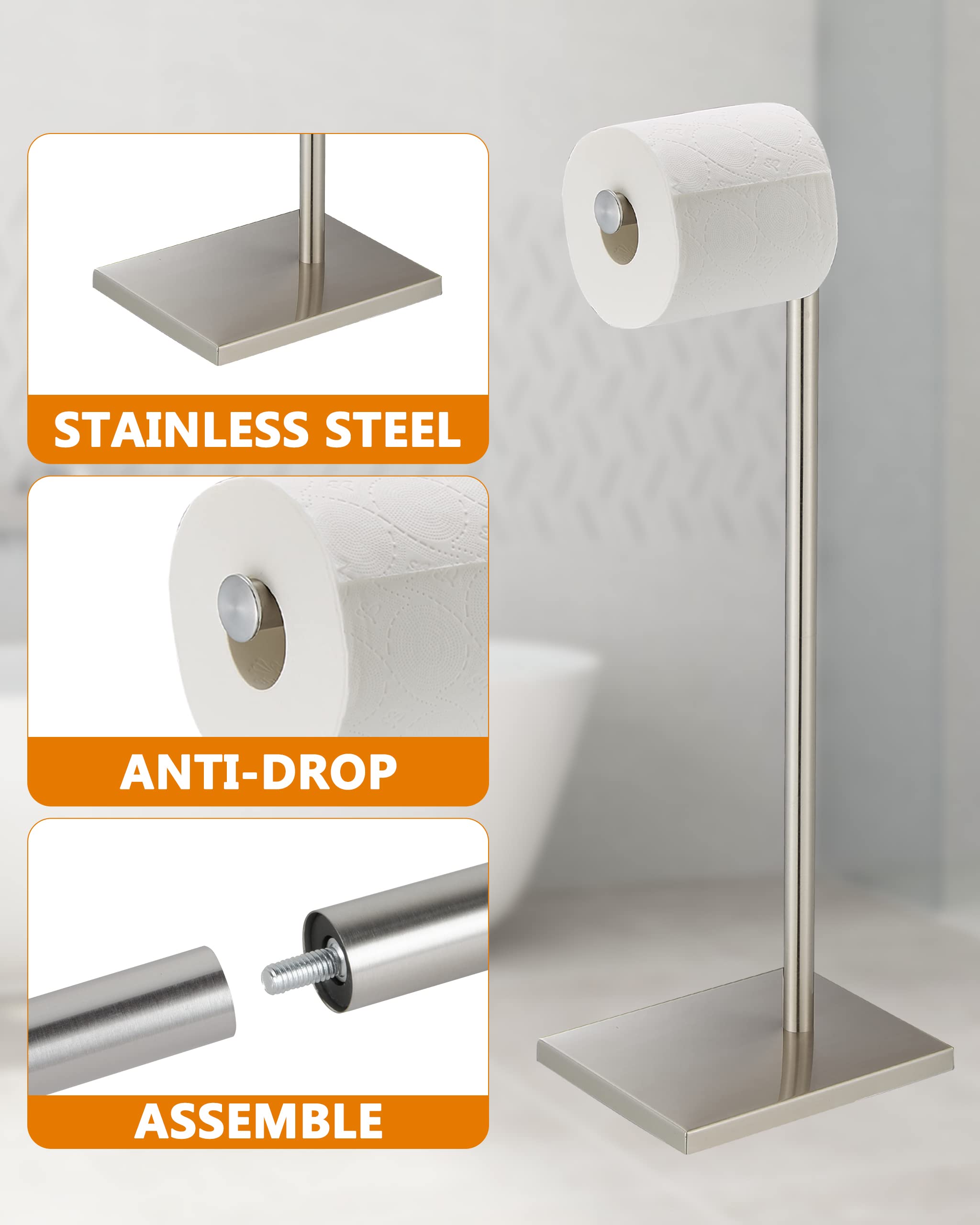 Stainless Steel Free Standing Toilet Paper Holder Stand with Reserve - Bathroom Tissue Roll Dispenser for Home, Office & RV Use