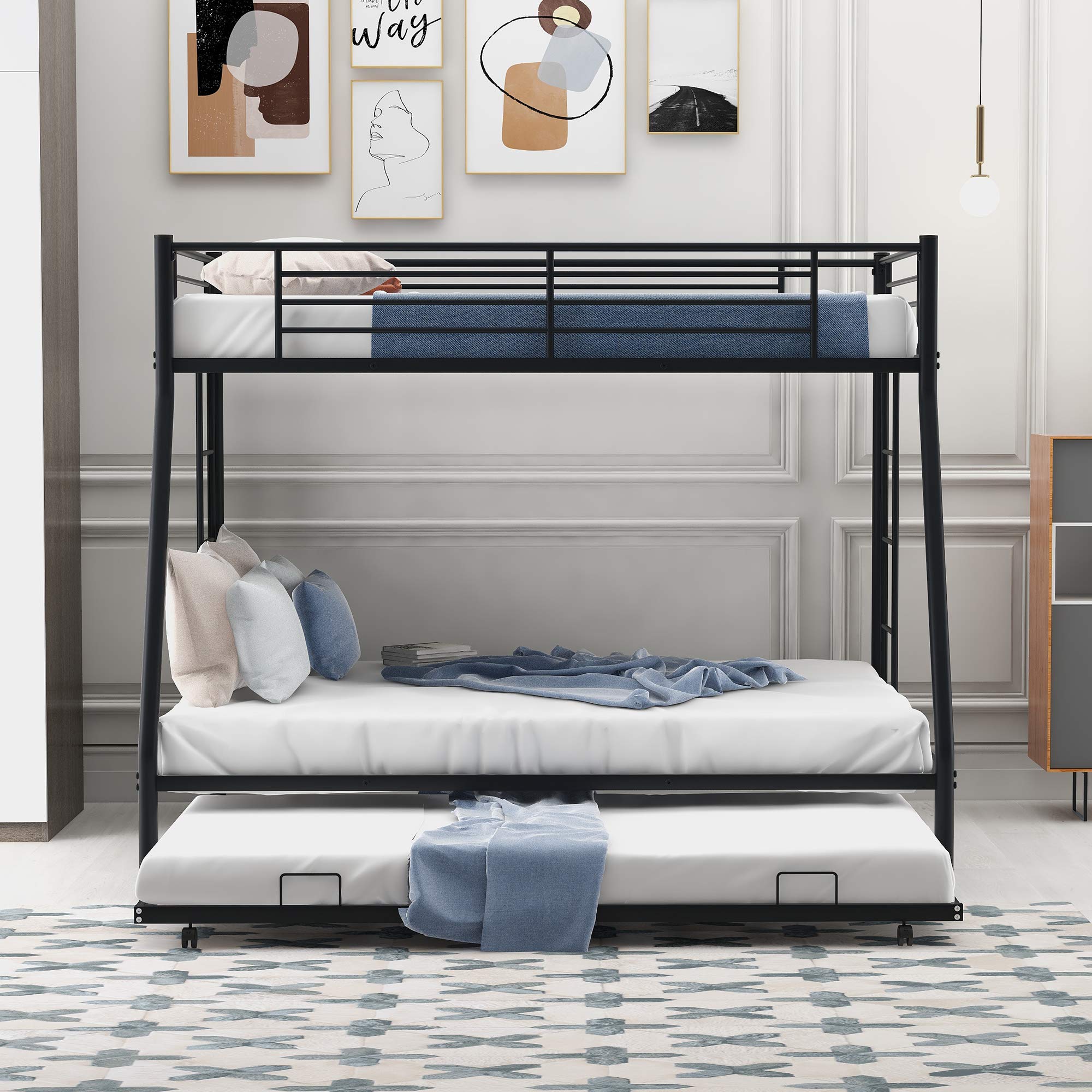 Harper & Bright Twin Over Full Bunk Bed with Trundle - Sturdy Metal Frame for Kids & Teens - Home & Dorm Use