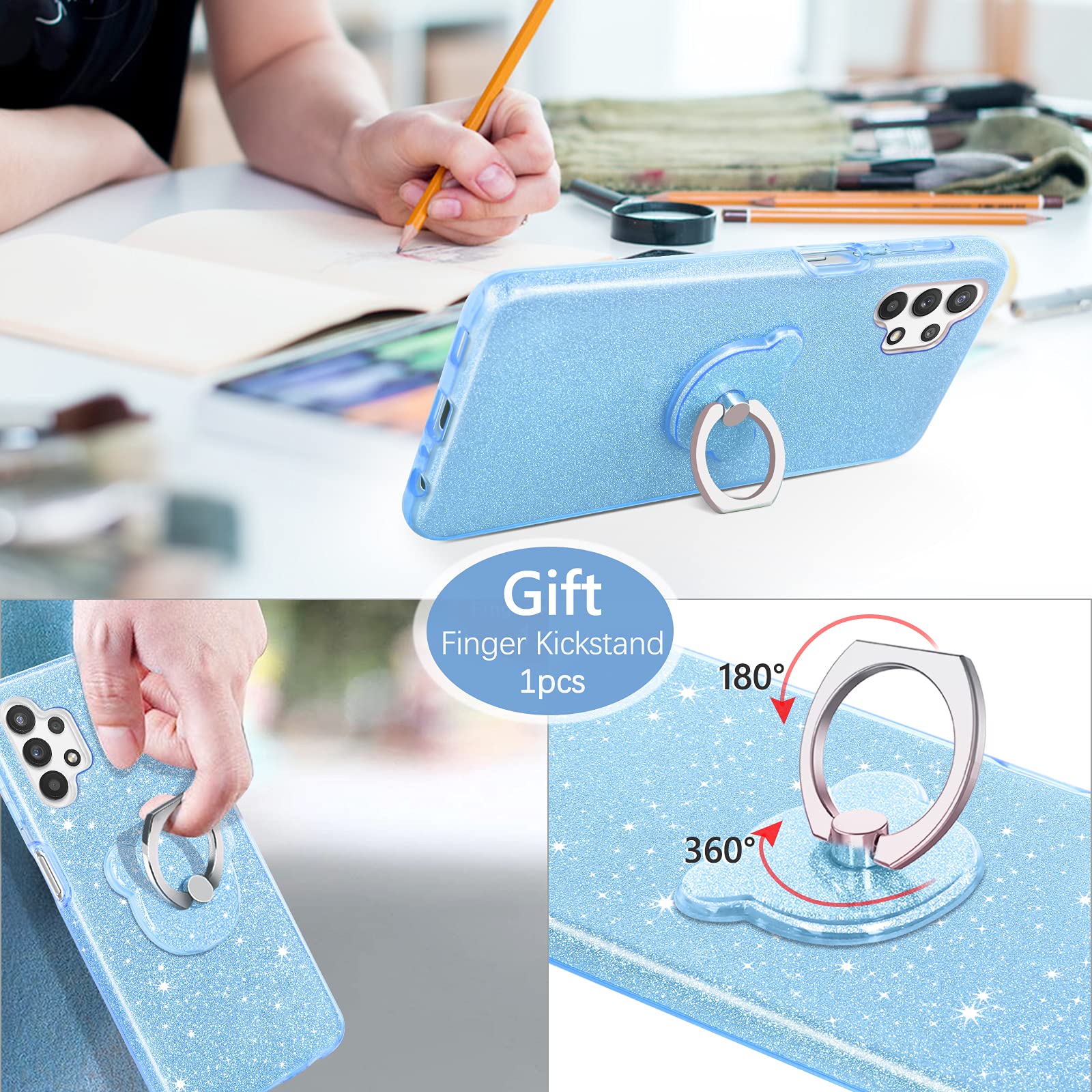 Sparkly Glitter Samsung Galaxy A32 5G Case - Shockproof Protective Hybrid Cover with Finger Ring & Kickstand for Women | Perfect for Daily Use, Work & Travel (Blue)