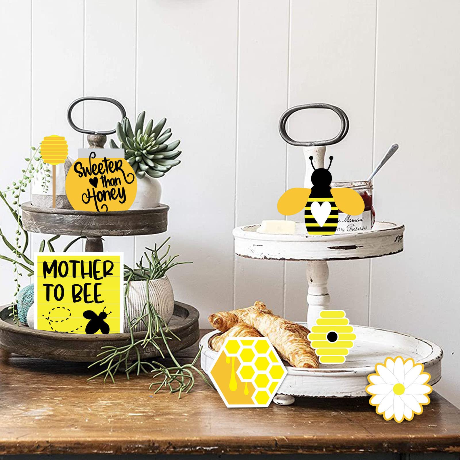 Farmhouse Tiered Tray Decor Set - Rustic Wooden Signs with Honey Bee Design for Valentine's Day, Easter, Summer & Special Occasions | Perfect for Kitchen Counter, Coffee Table & Seasonal Home Decor