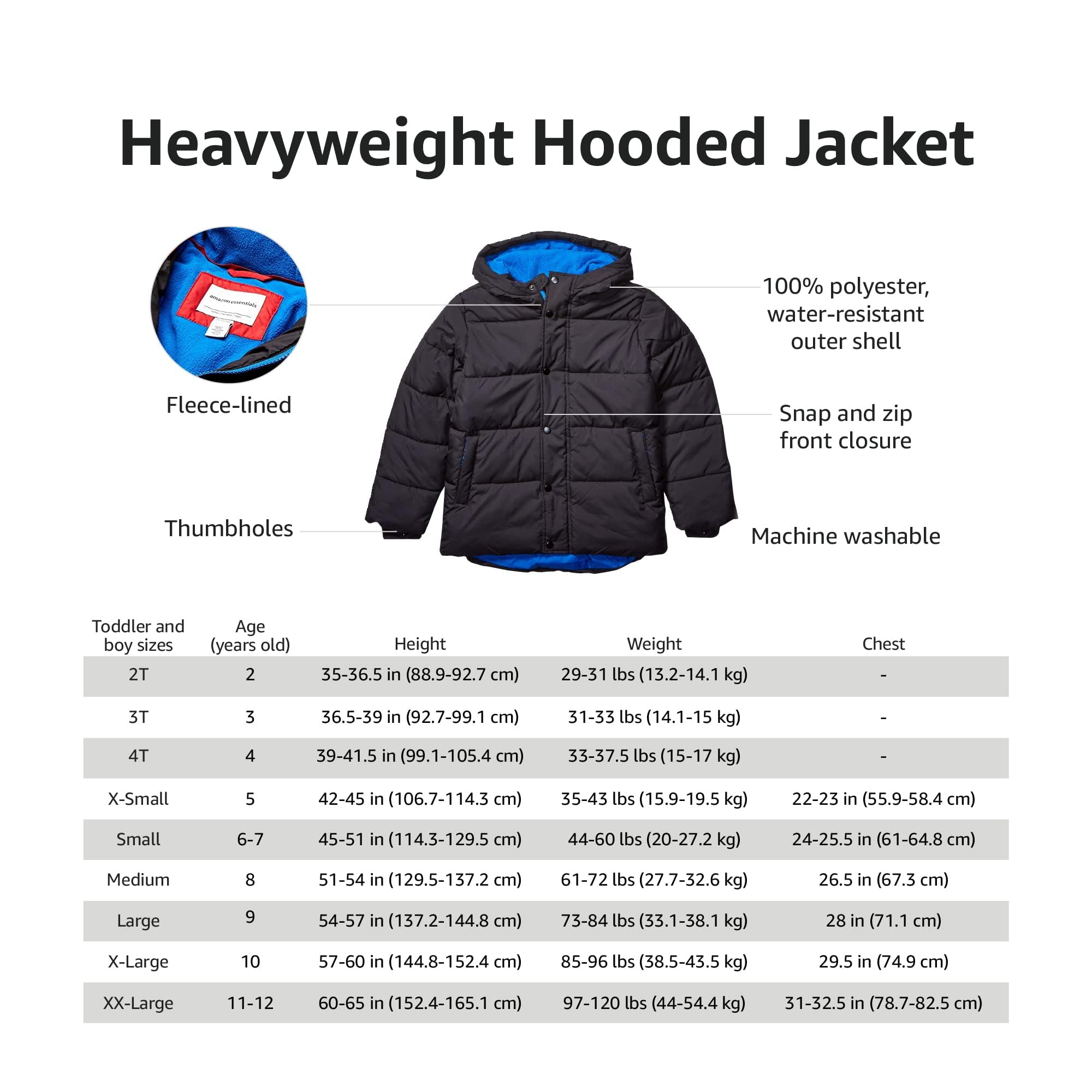 Amazon Essentials Heavyweight Hooded Puffer Jacket for Babies, Toddlers & Boys - Warm Winter Coat for Outdoor Play, School & Cold Weather Activities