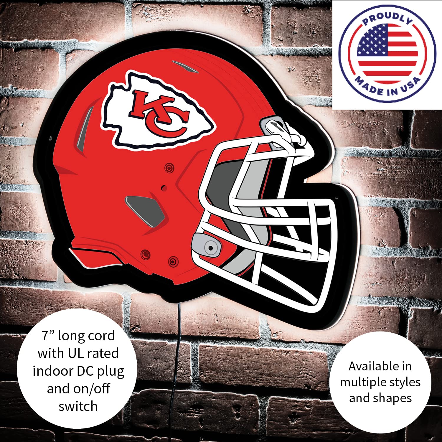 Kansas City Chiefs LED Light Wall Sign - Ultra-Thin NFL Team Decor with Full Size Replica Helmet (19.5