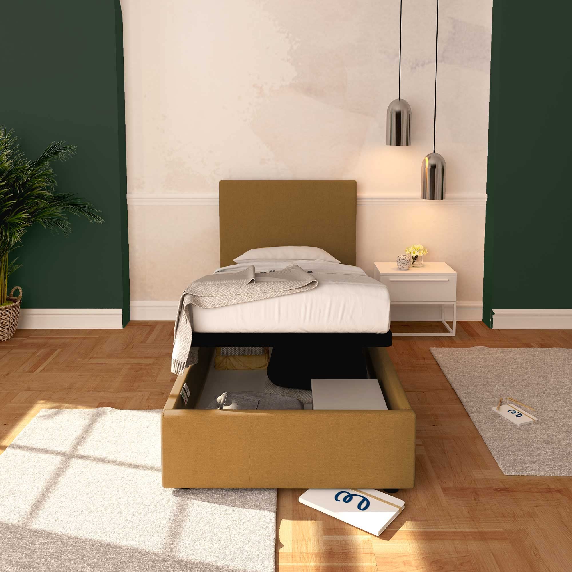 Baldiflex Rossano Single Bed Frame with Storage, Synthetic Leather Upholstery, Slatted Base for Single Mattress, 90 x 200 cm, Elegant Headboard, Light Brown - Perfect for Small Bedrooms, Guest Rooms & Studio Apartments