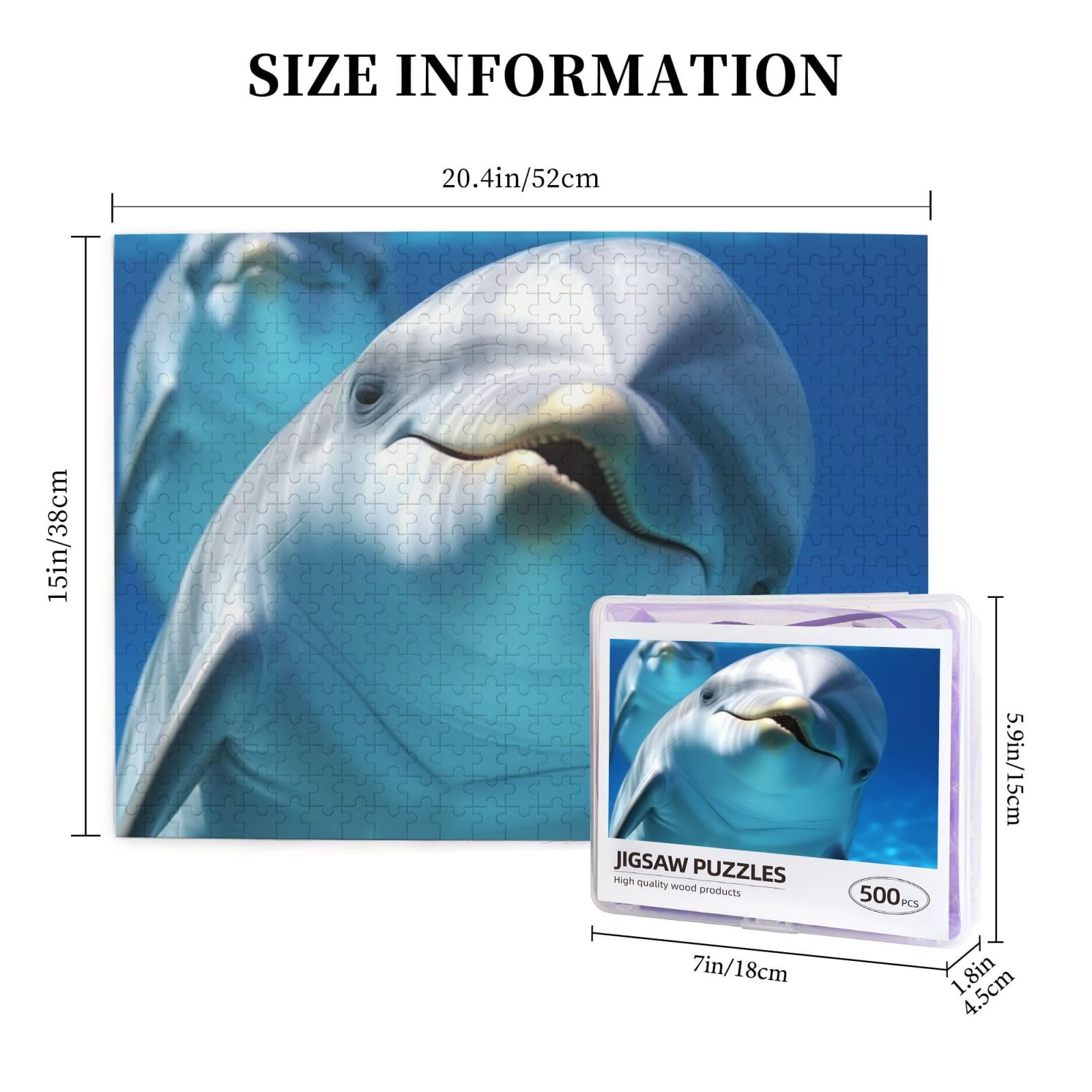 500-Piece Dolphin Smile Jigsaw Puzzle - Wooden Photo Puzzle for Adults, Personalized Picture Puzzle, Family Game Night, Wedding & Birthday Gift (20.4