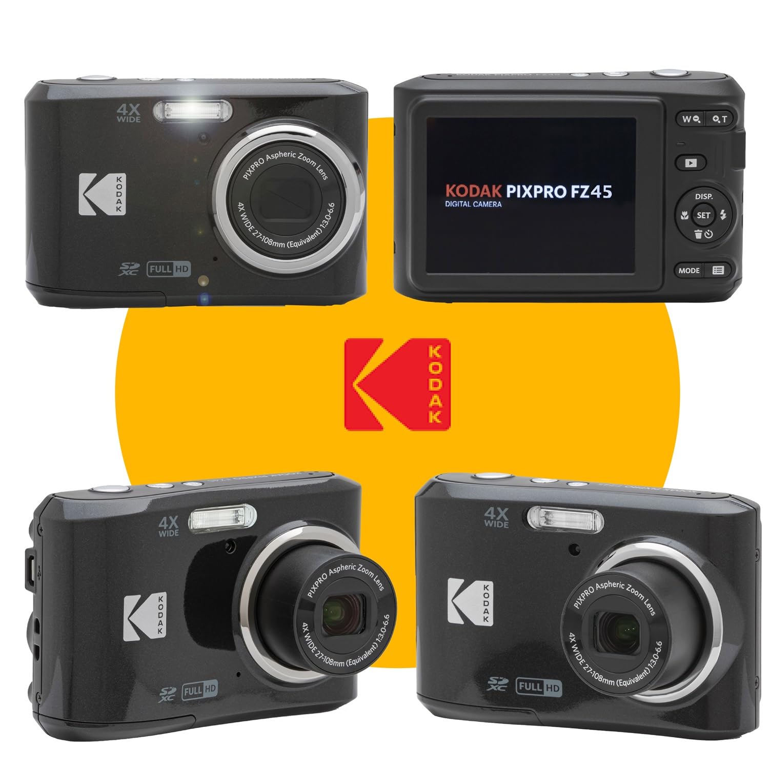 Kodak PIXPRO FZ45 16MP Digital Camera with 4X Optical Zoom - Black Point & Shoot Camera Bundle with Protective Case & SanDisk 128GB SDXC Memory Card - Perfect for Travel, Vlogging & Everyday Photography