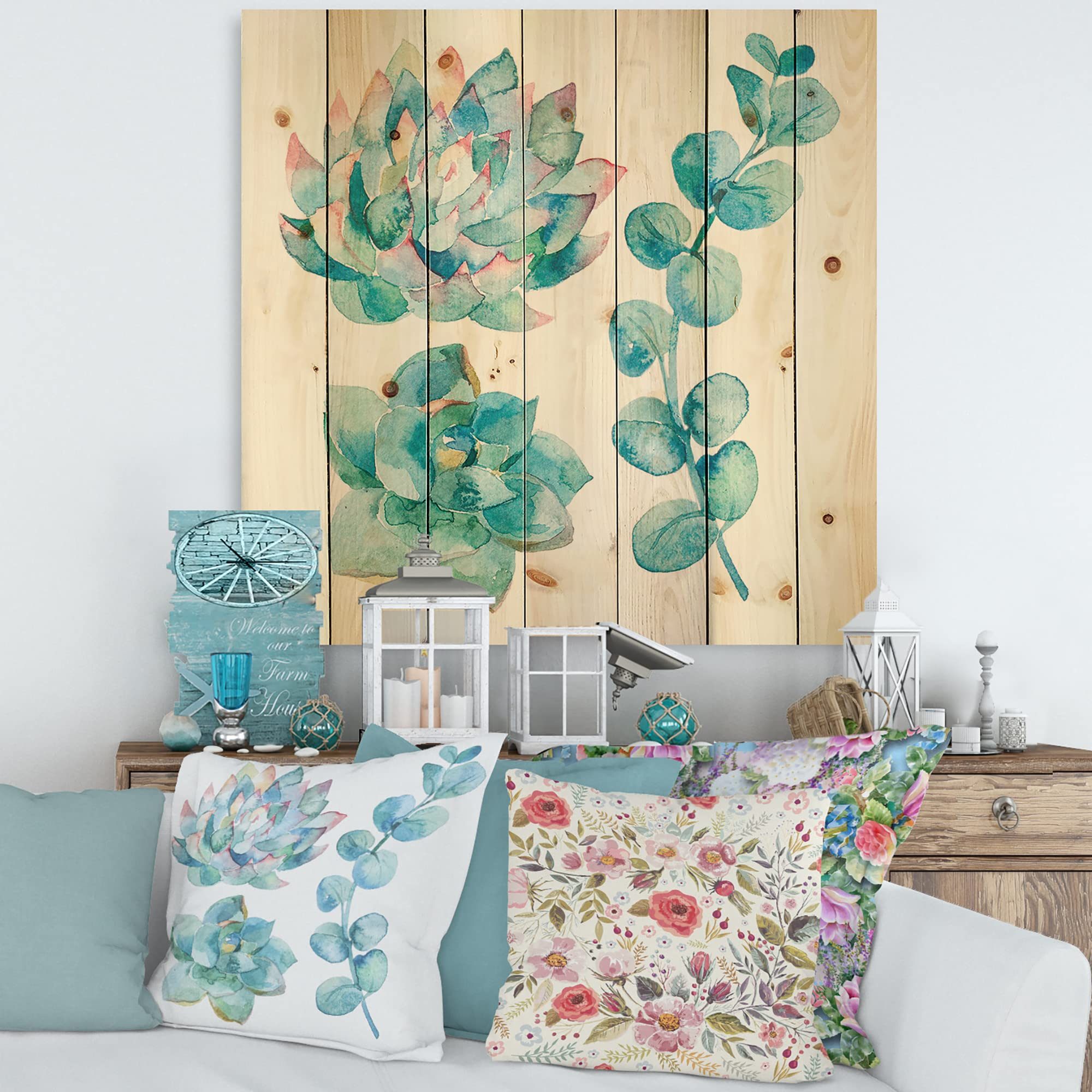 DesignQ Eucalyptus Leaves & Succulents Wood Wall Art - Handcrafted Pine Wood Decor with Floral Prints - Large Rustic Wall Panels for Living Room, Bedroom & Office Decor