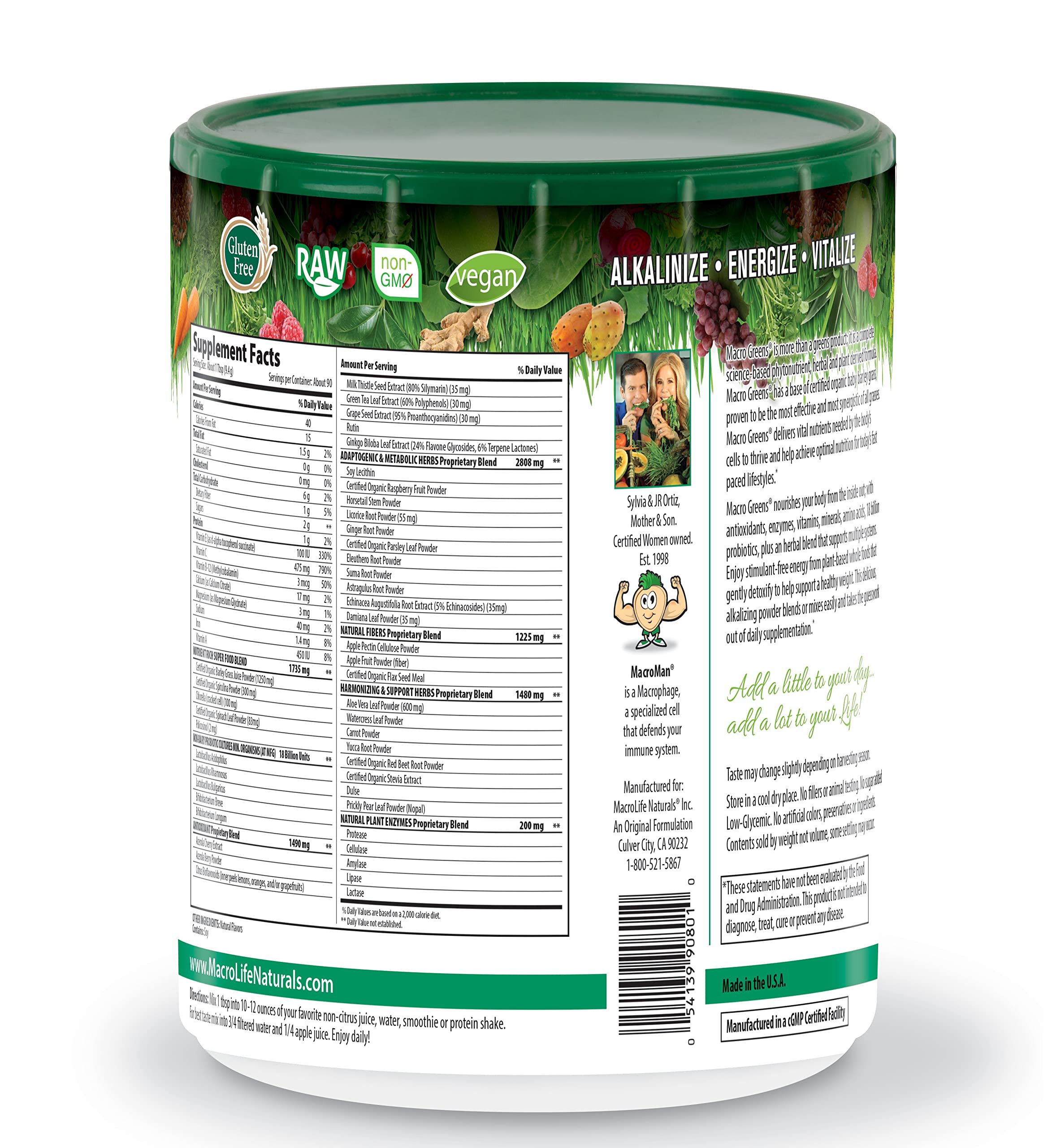 MacroLife Naturals Macro Greens Powder - 38 Superfoods with Probiotics, Antioxidants & Enzymes for Immunity, Energy & Detox - Vegan, Non-GMO, Gluten-Free, Dairy-Free - 30oz (90 Servings) - Perfect for Daily Wellness, Post-Workout Recovery & Immune Support