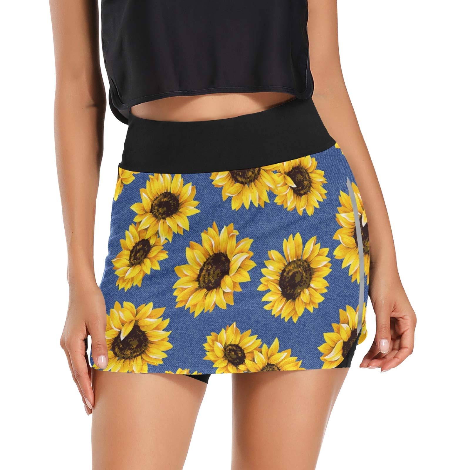 Women's Athletic Skorts - Yellow Sunflower & Blue Pattern Sports Skirts with Built-in Shorts & Pockets for Tennis, Running, Golf & Workout | Perfect for Active Women & Outdoor Sports