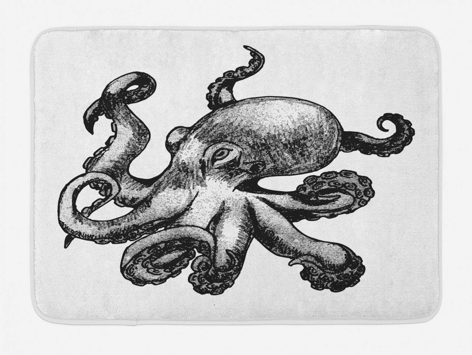 Ambesonne Octopus Bath Mat - Non-Slip Plush Bathroom Rug with Hand-Drawn Sea Animal Art, 30.2 x 20 Inches, White & Charcoal Grey - Perfect for Coastal, Nautical or Kids' Bathroom Decor